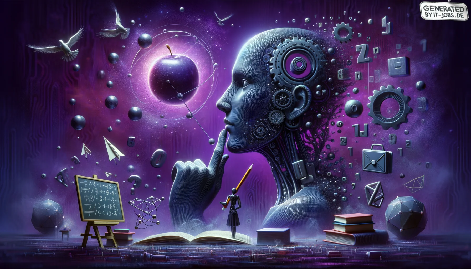 Spezialist für Künstliche Intelligenz in der Bildung, surrealism style, impossible objects, realistic materials, dark purple main theme