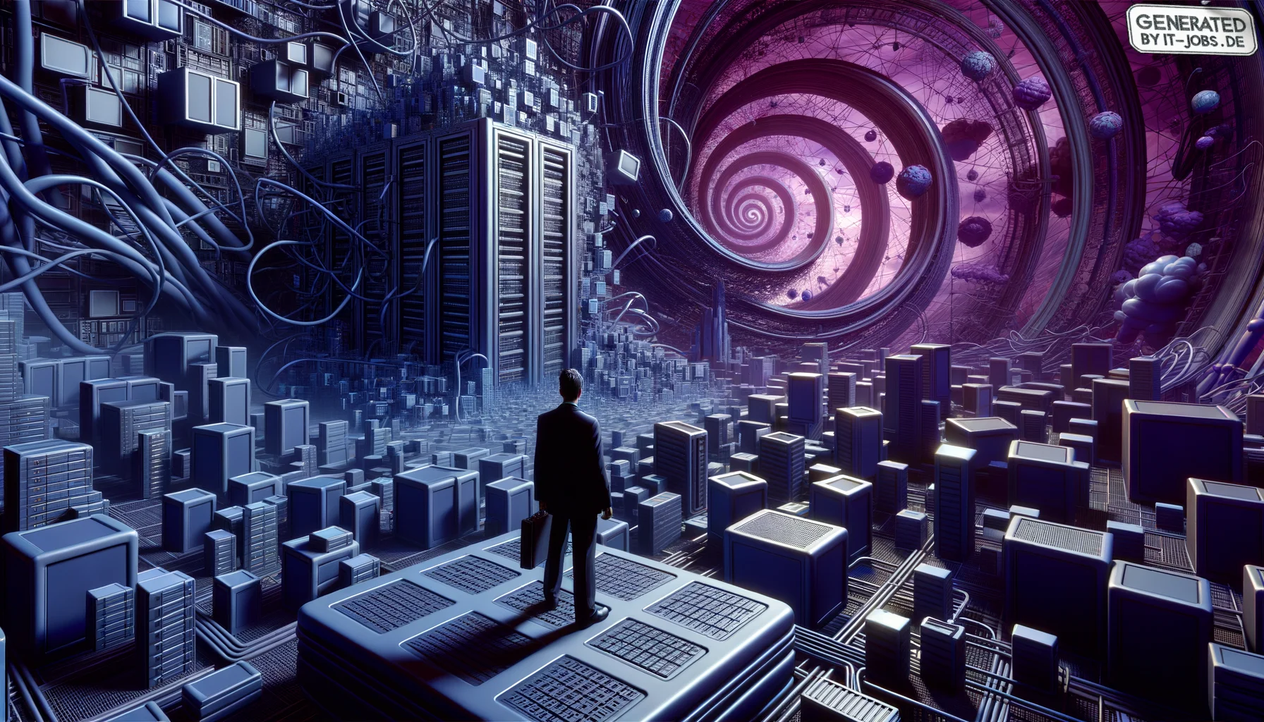 Spezialist für IT-Infrastrukturmanagement, surrealism style, impossible objects, realistic materials, dark purple main theme
