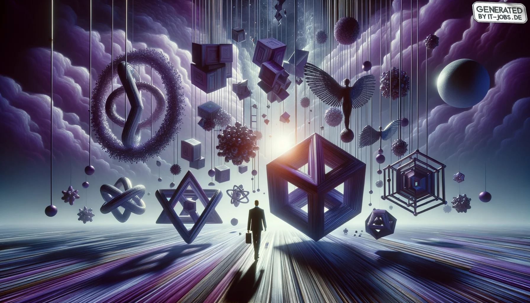 Spezialist für Künstliche Intelligenz in der Energiewirtschaft, surrealism style, impossible objects, realistic materials, dark purple main theme