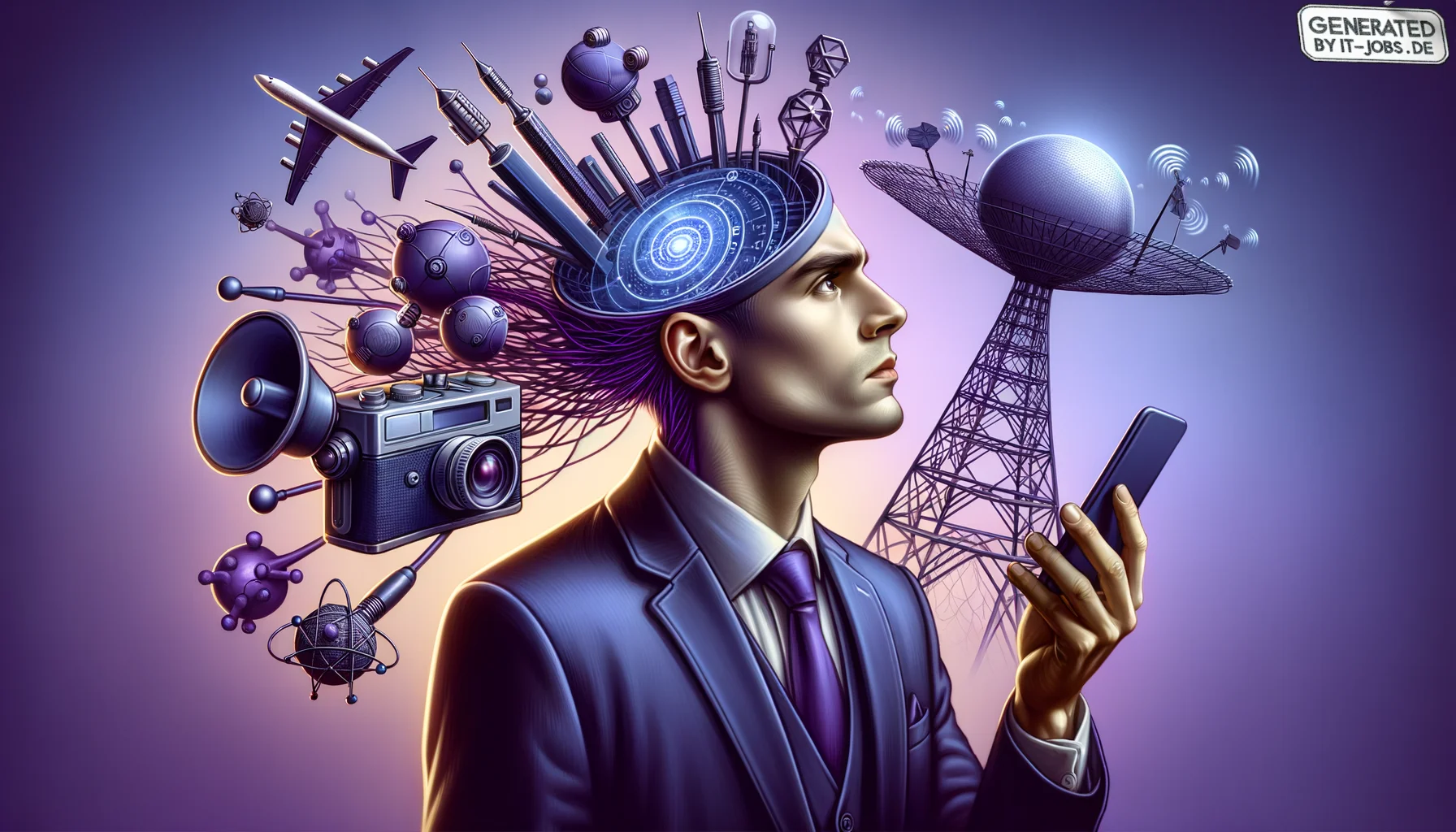 5G Technologieexperte, surrealism style, impossible objects, realistic materials, dark purple main theme