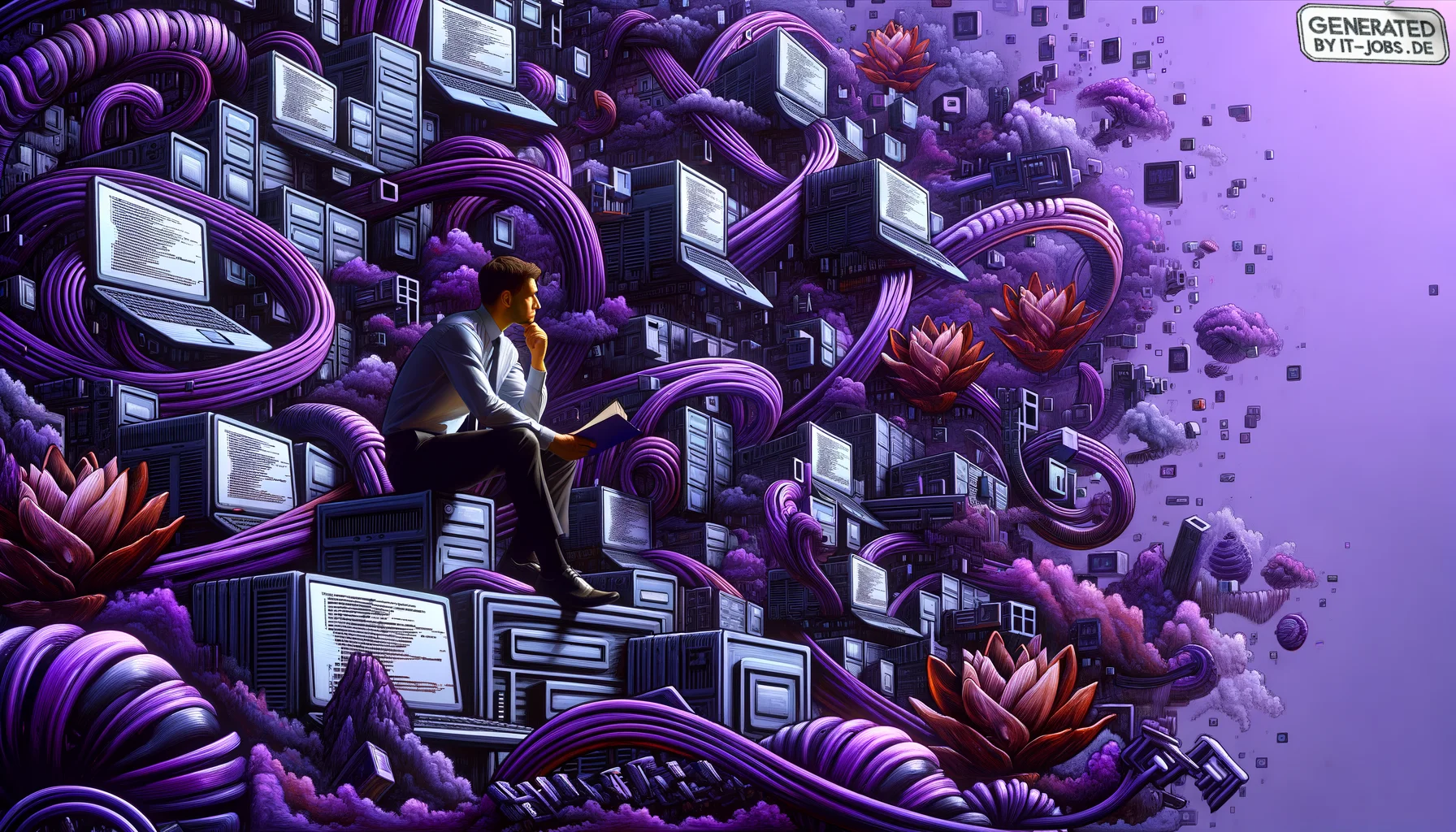 Spezialist für IT-Regulierungscompliance, surrealism style, impossible objects, realistic materials, dark purple main theme