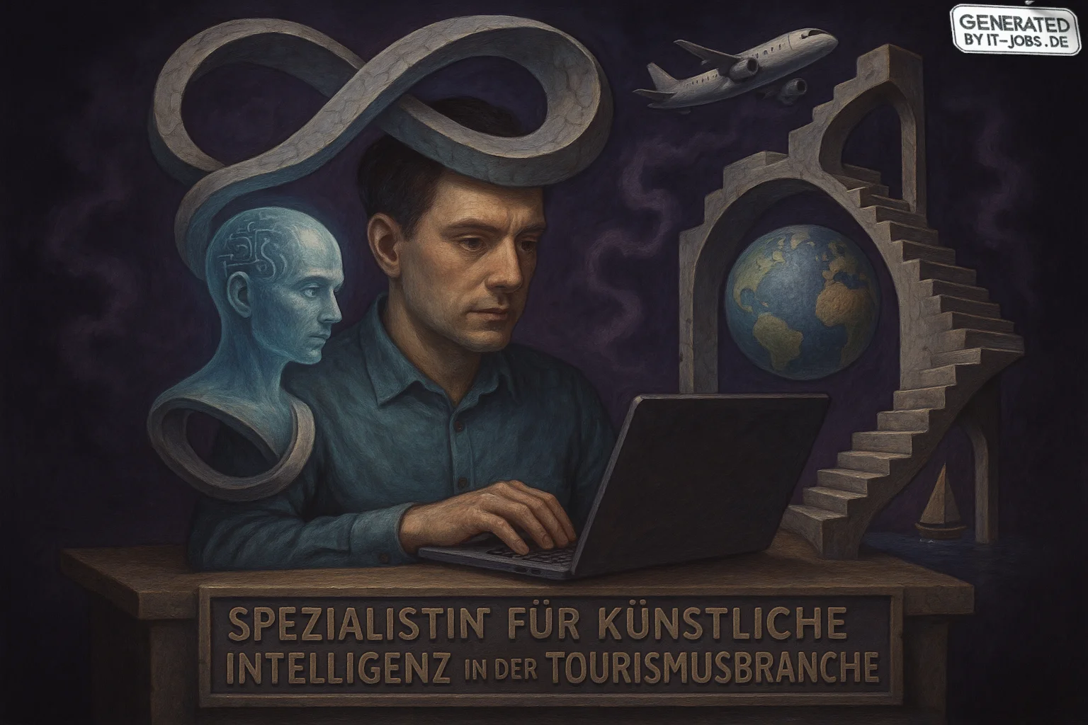Spezialist für Künstliche Intelligenz in der Tourismusbranche, surrealism style, impossible objects, realistic materials, dark purple main theme
