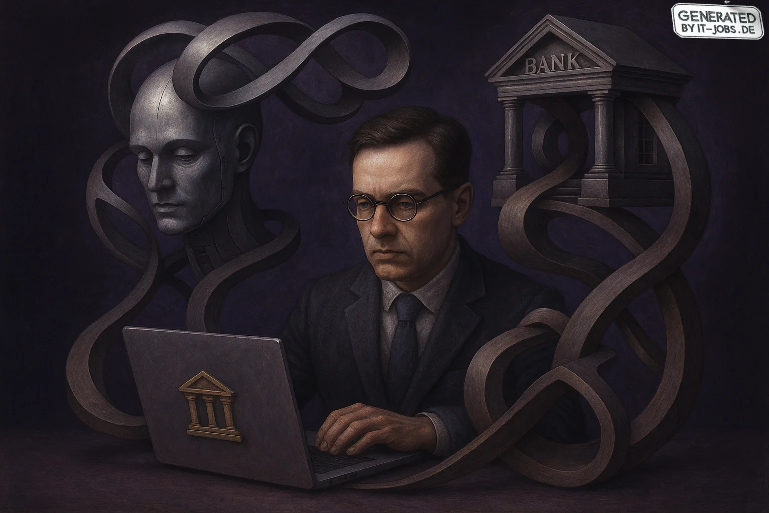 Spezialist für Künstliche Intelligenz im Bankwesen, surrealism style, impossible objects, realistic materials, dark purple main theme