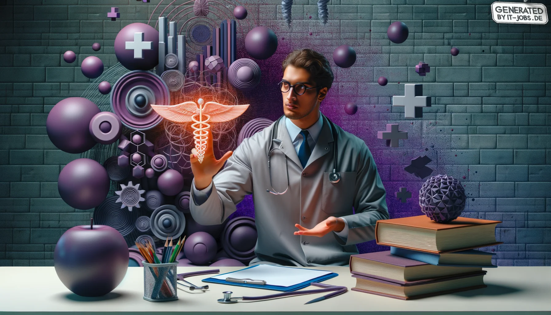 Spezialist für digitale Gesundheitssysteme, surrealism style, impossible objects, realistic materials, dark purple main theme
