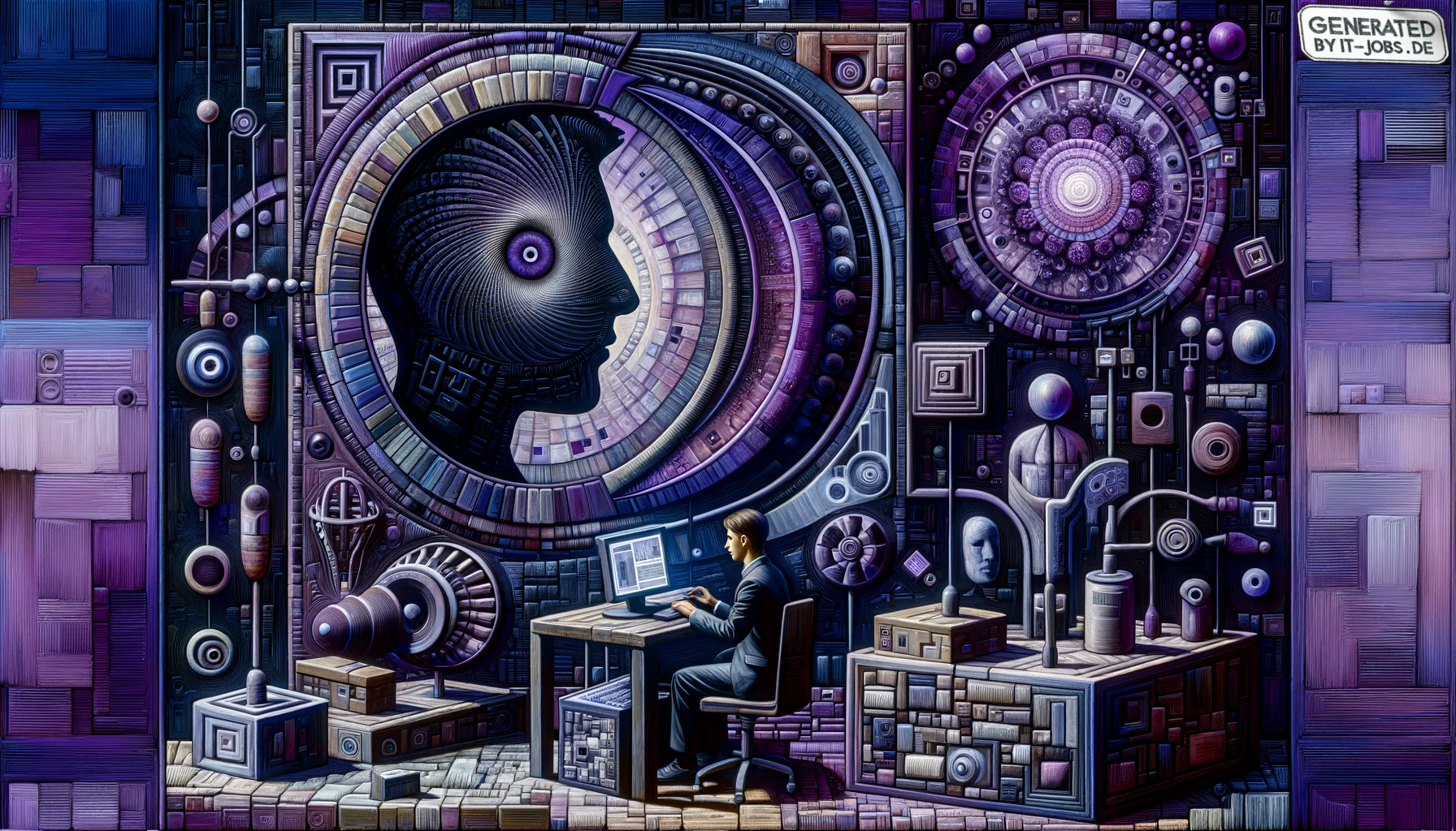 Spezialist für digitale Identitätsverwaltung, surrealism style, impossible objects, realistic materials, dark purple main theme