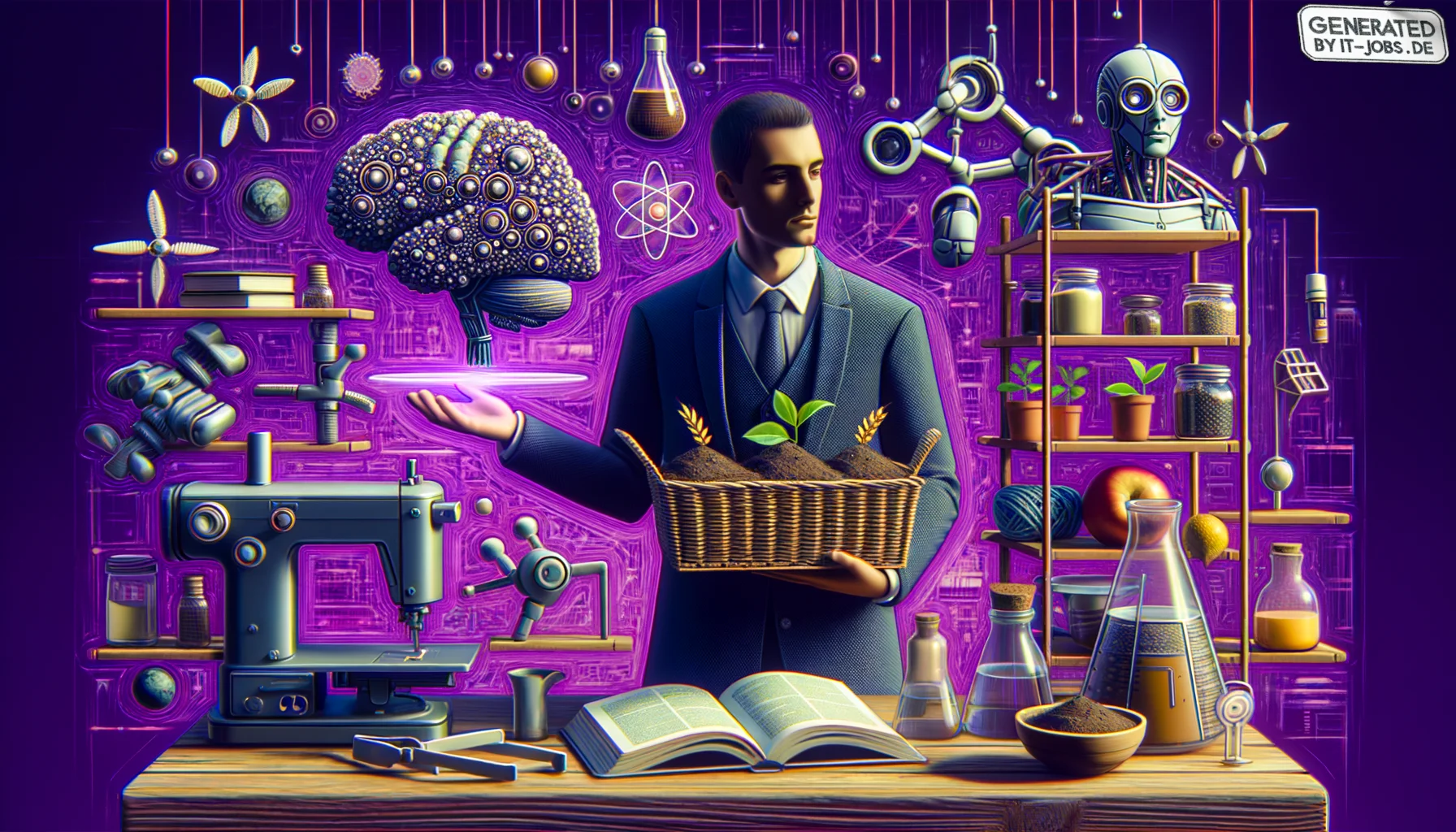 Spezialist für Künstliche Intelligenz in der Landwirtschaft, surrealism style, impossible objects, realistic materials, dark purple main theme
