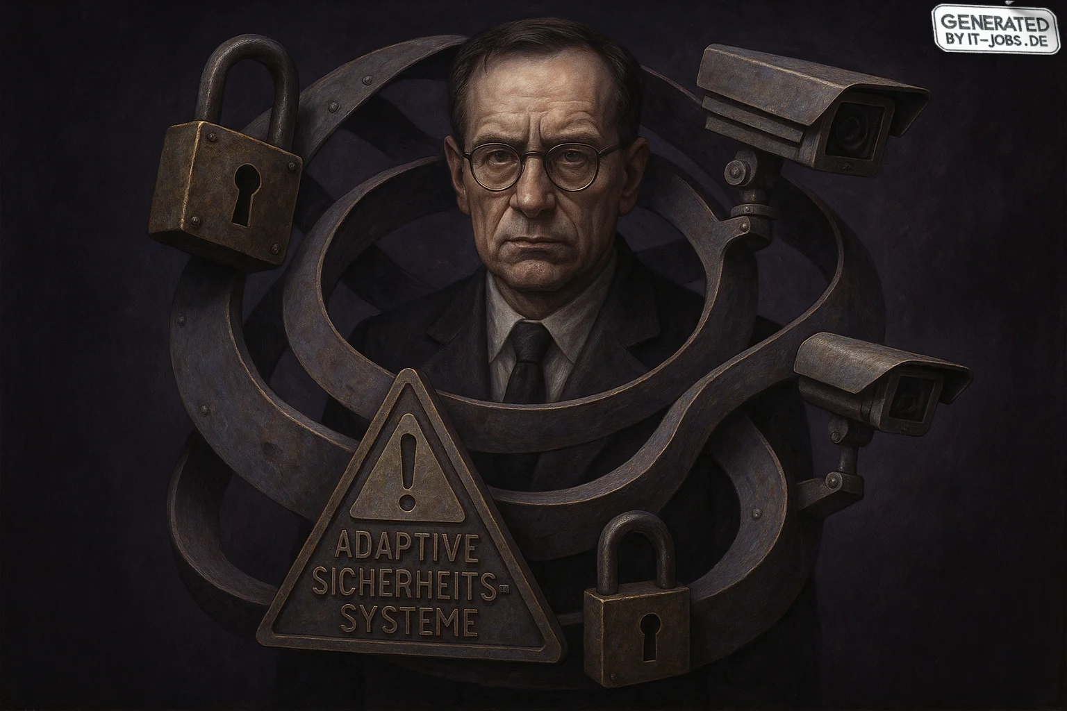 Spezialist für Adaptive Sicherheitssysteme, surrealism style, impossible objects, realistic materials, dark purple main theme
