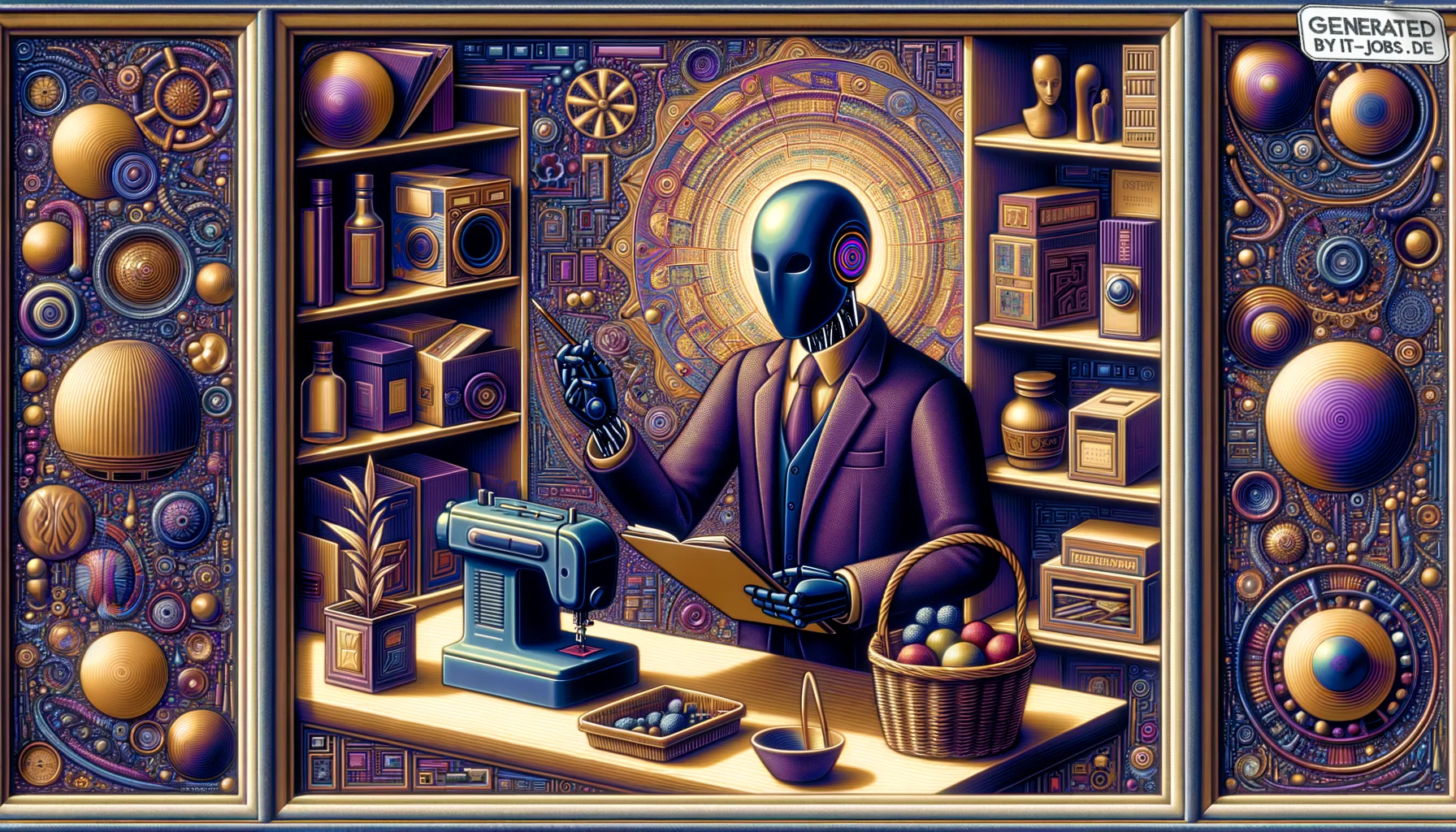 Spezialist für Künstliche Intelligenz im Einzelhandel, surrealism style, impossible objects, realistic materials, dark purple main theme