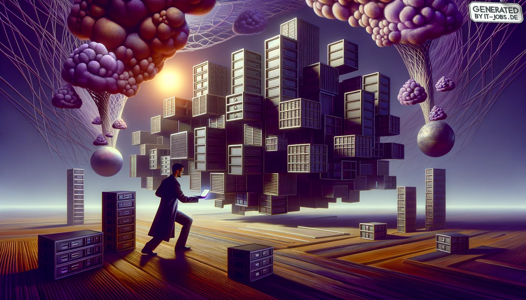 Spezialist für Serverless Architekturen, surrealism style, impossible objects, realistic materials, dark purple main theme