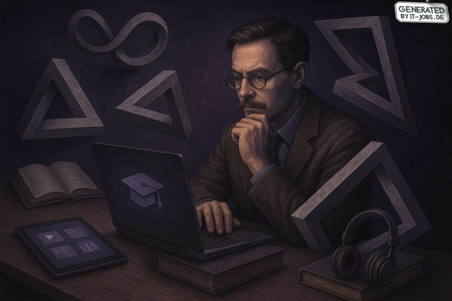 Spezialist für digitale Lerntechnologien, surrealism style, impossible objects, realistic materials, dark purple main theme