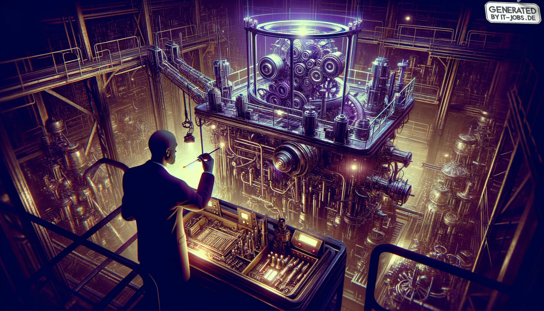 Spezialist für Künstliche Intelligenz in der Fertigungsindustrie, surrealism style, impossible objects, realistic materials, dark purple main theme