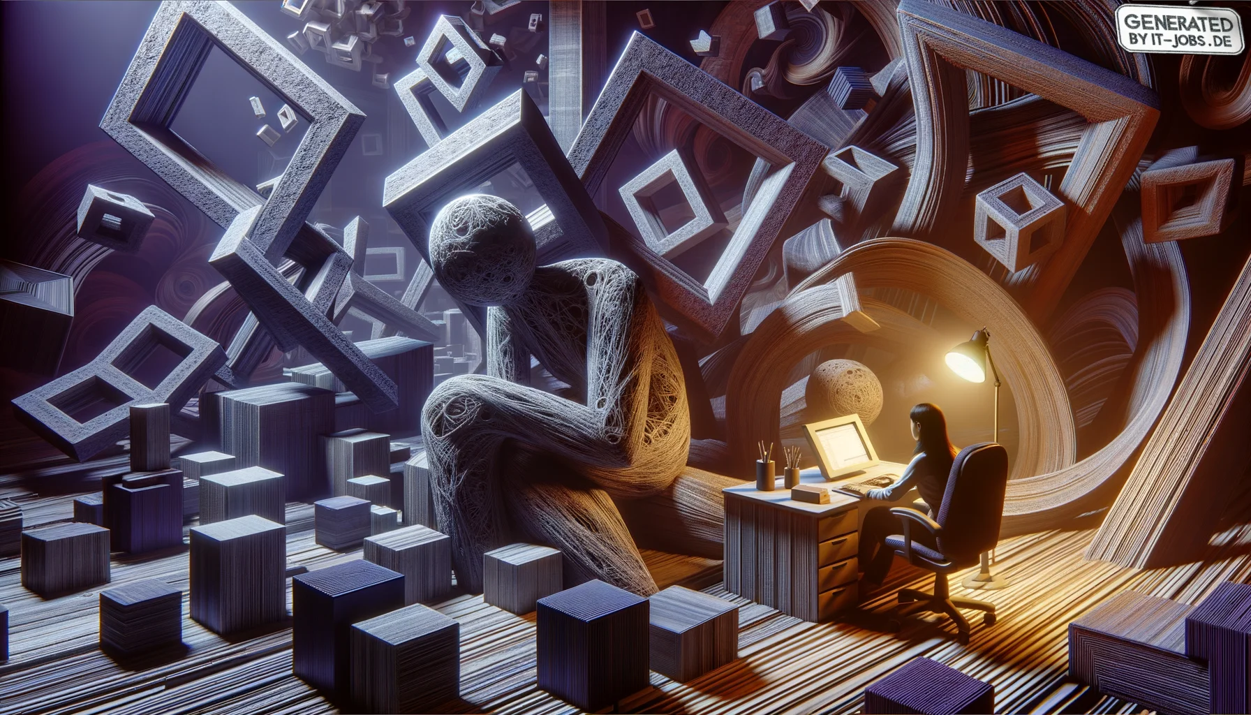 Spezialist für Low-Code-Plattformen, surrealism style, impossible objects, realistic materials, dark purple main theme