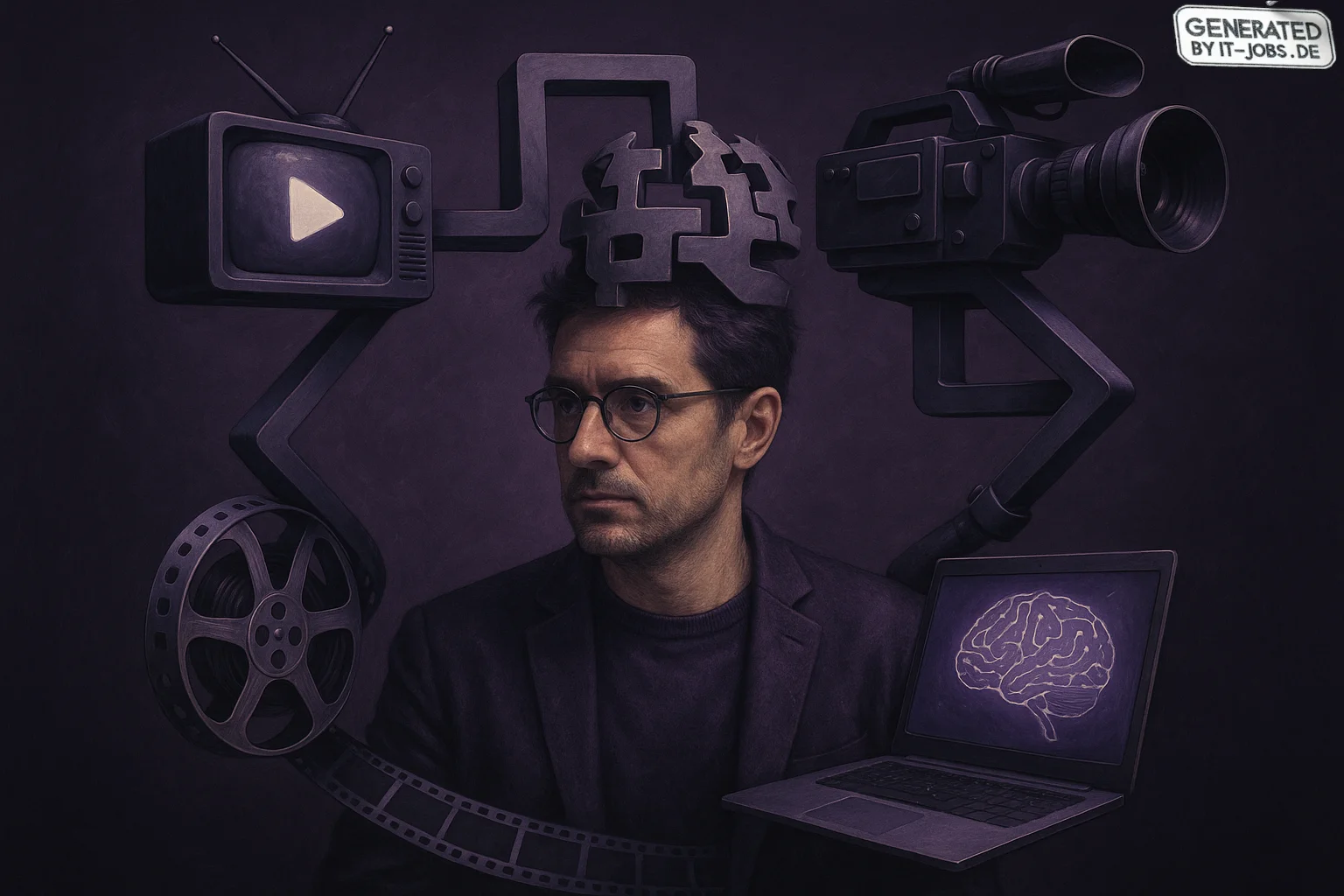 Spezialist für Künstliche Intelligenz in der Medienbranche, surrealism style, impossible objects, realistic materials, dark purple main theme