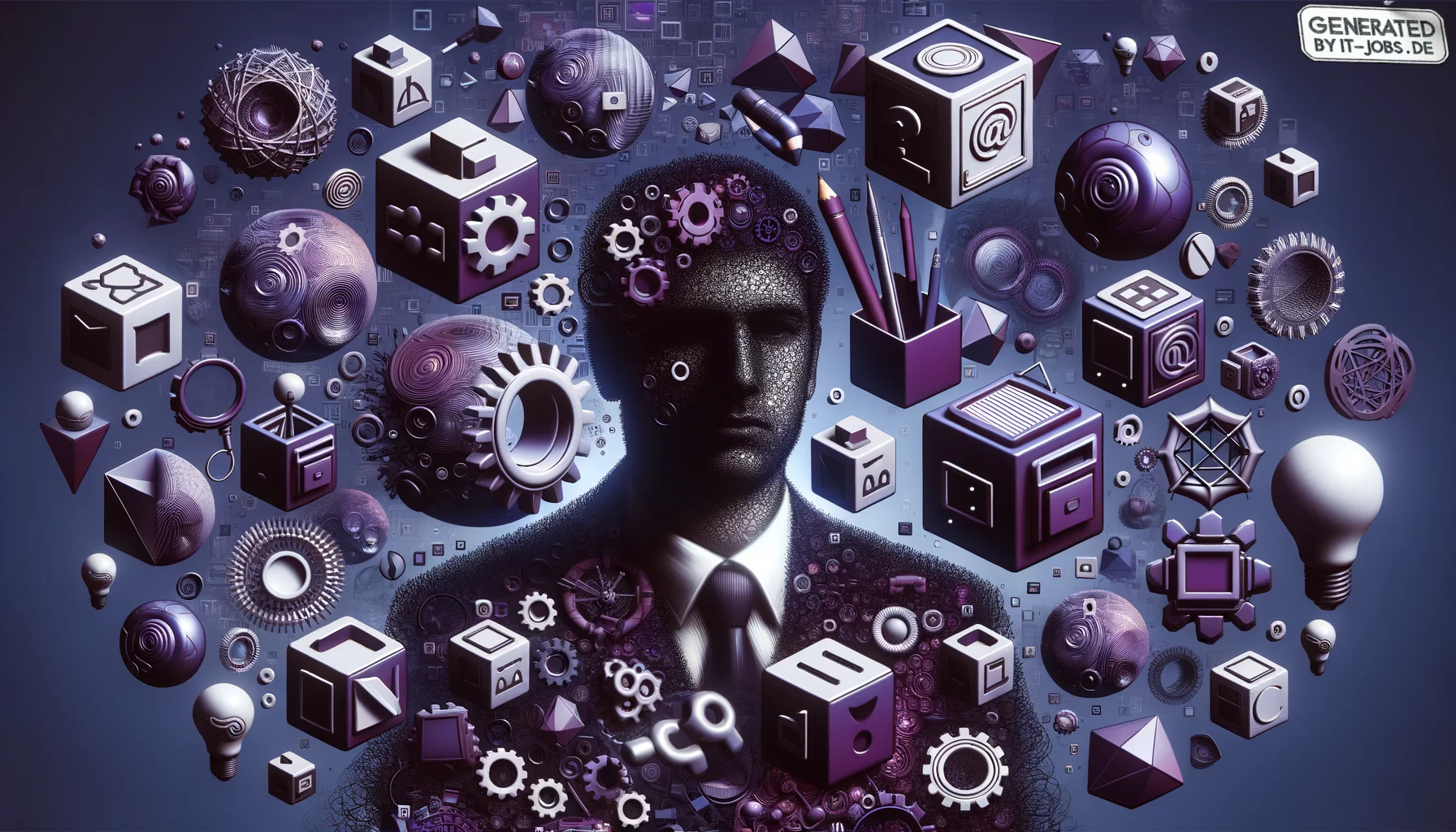 Spezialist für Digitale Inhaltsstrategie, surrealism style, impossible objects, realistic materials, dark purple main theme