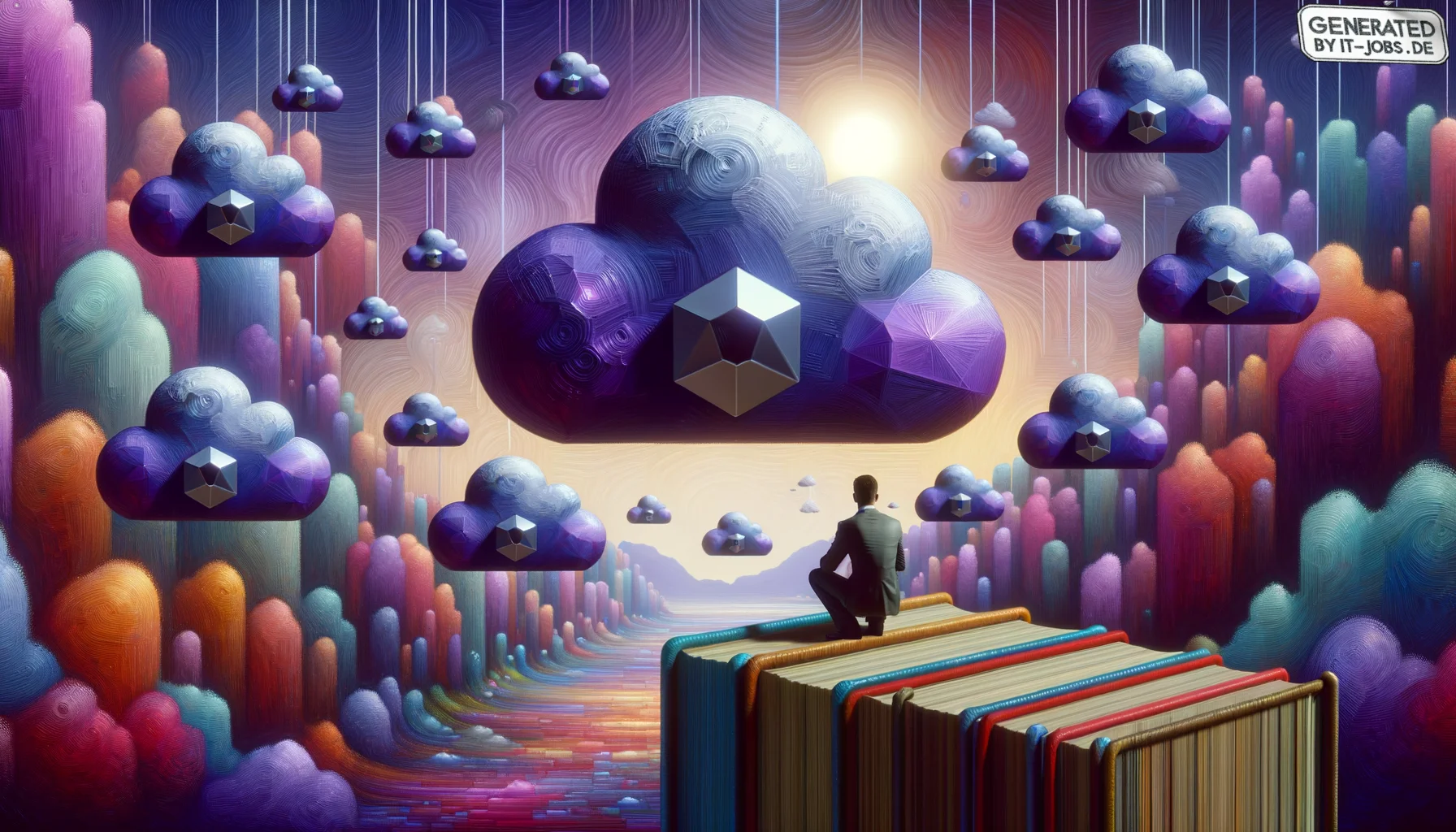 Spezialist für Cloud-Sicherheit, surrealism style, impossible objects, realistic materials, dark purple main theme