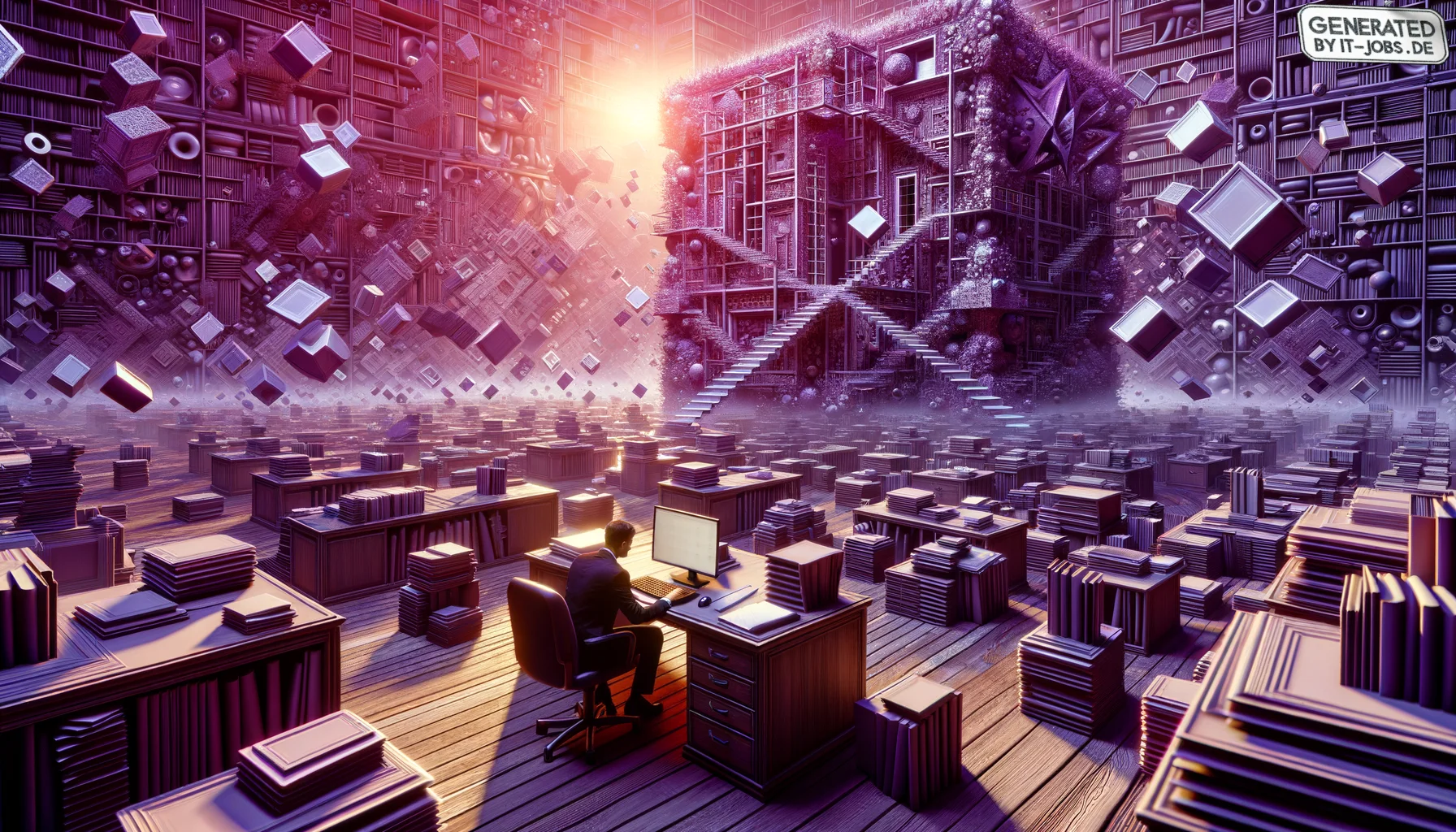 Spezialist für IT-Outsourcing-Strategien, surrealism style, impossible objects, realistic materials, dark purple main theme