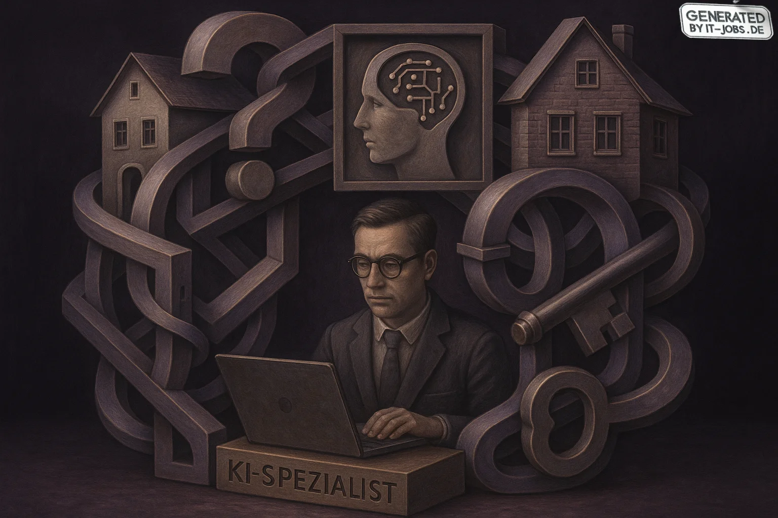 Spezialist für künstliche Intelligenz im Immobiliensektor, surrealism style, impossible objects, realistic materials, dark purple main theme