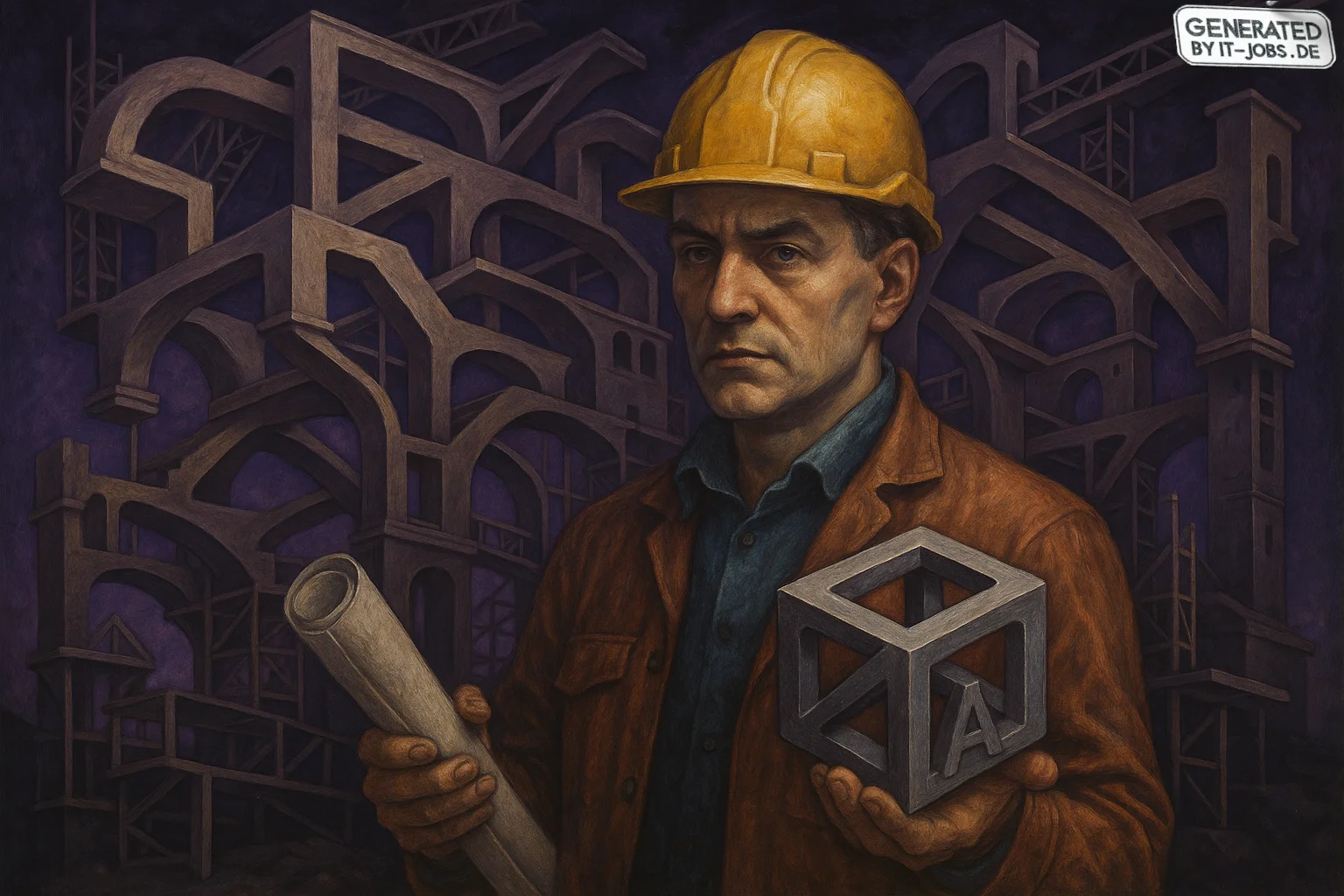Spezialist für Künstliche Intelligenz in der Bauindustrie, surrealism style, impossible objects, realistic materials, dark purple main theme
