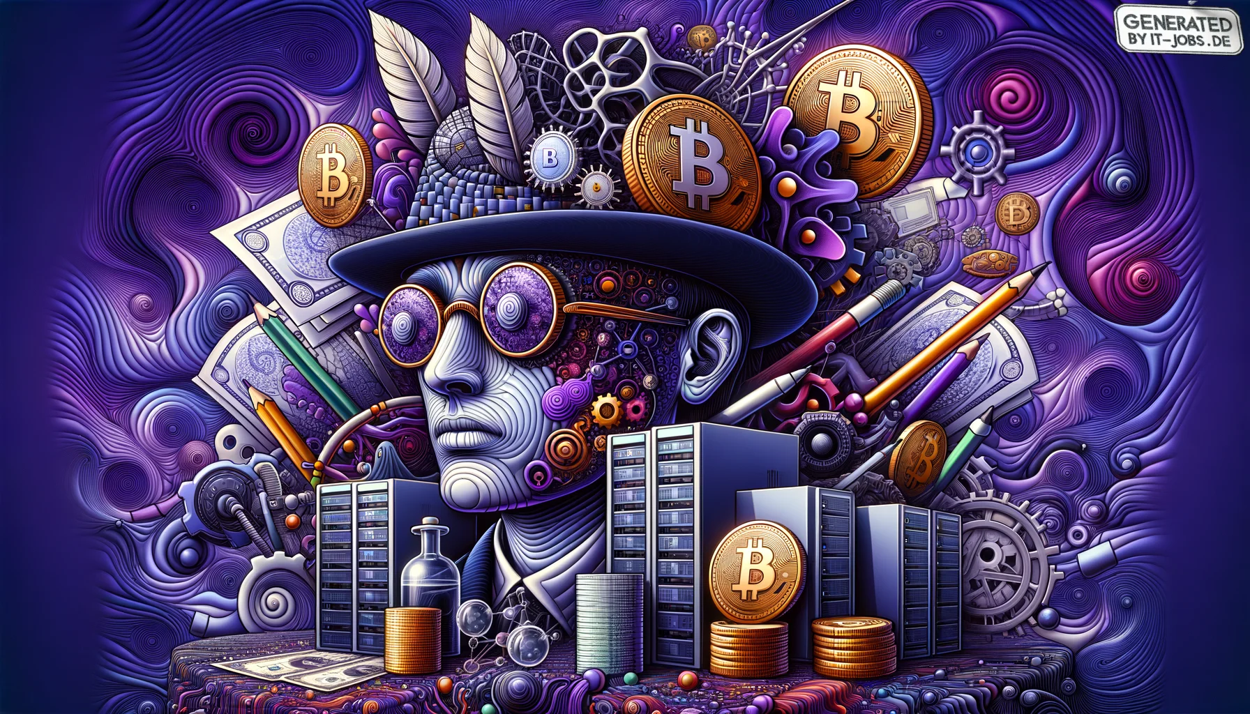 Spezialist für digitale Währungssysteme, surrealism style, impossible objects, realistic materials, dark purple main theme