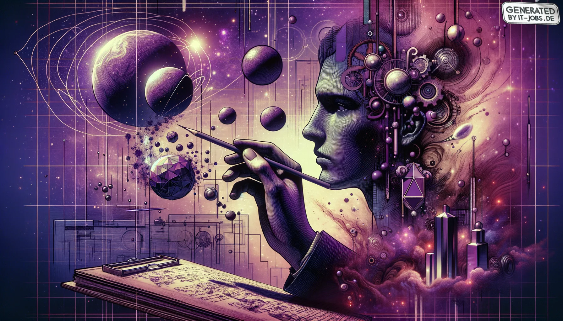 Spezialist für erweiterte Realität, surrealism style, impossible objects, realistic materials, dark purple main theme