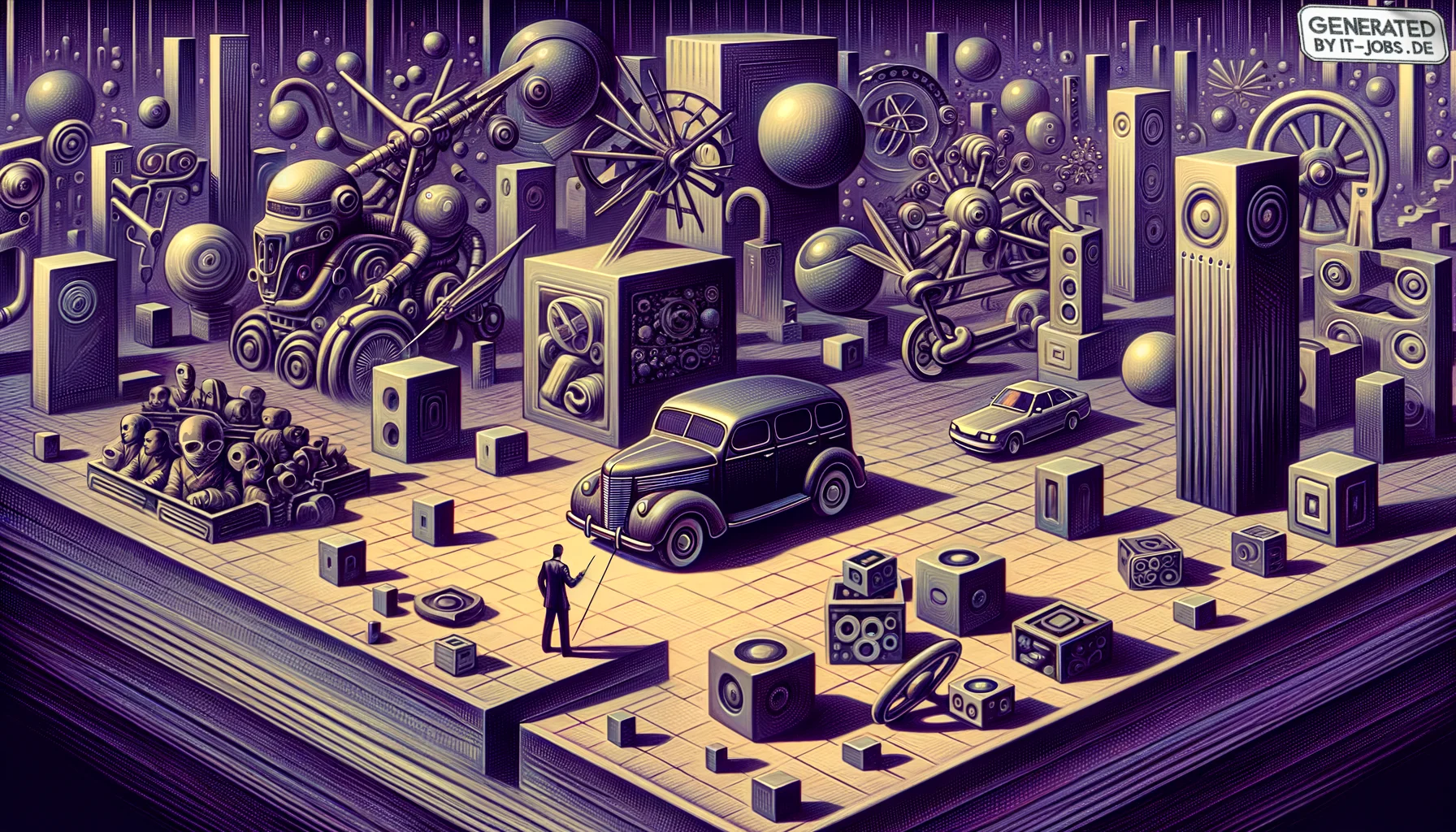 Spezialist für autonome Fahrzeugsysteme, surrealism style, impossible objects, realistic materials, dark purple main theme