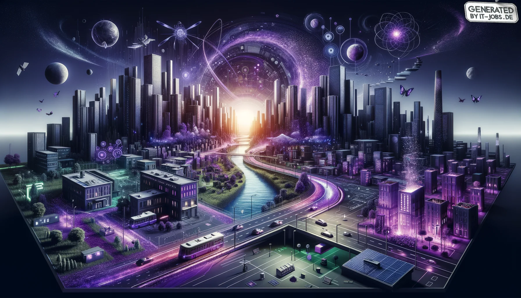 Spezialist für Smart City Technologien, surrealism style, impossible objects, realistic materials, dark purple main theme