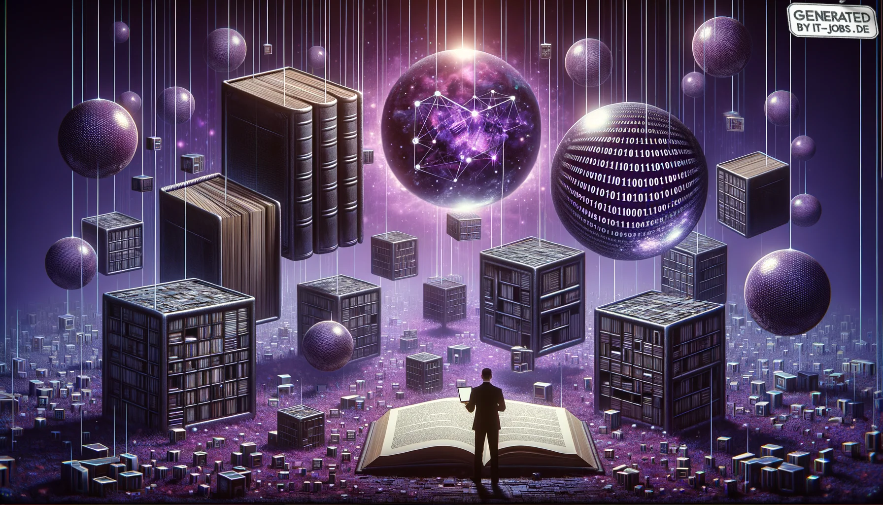 Spezialist für IT-Risikomanagement, surrealism style, impossible objects, realistic materials, dark purple main theme