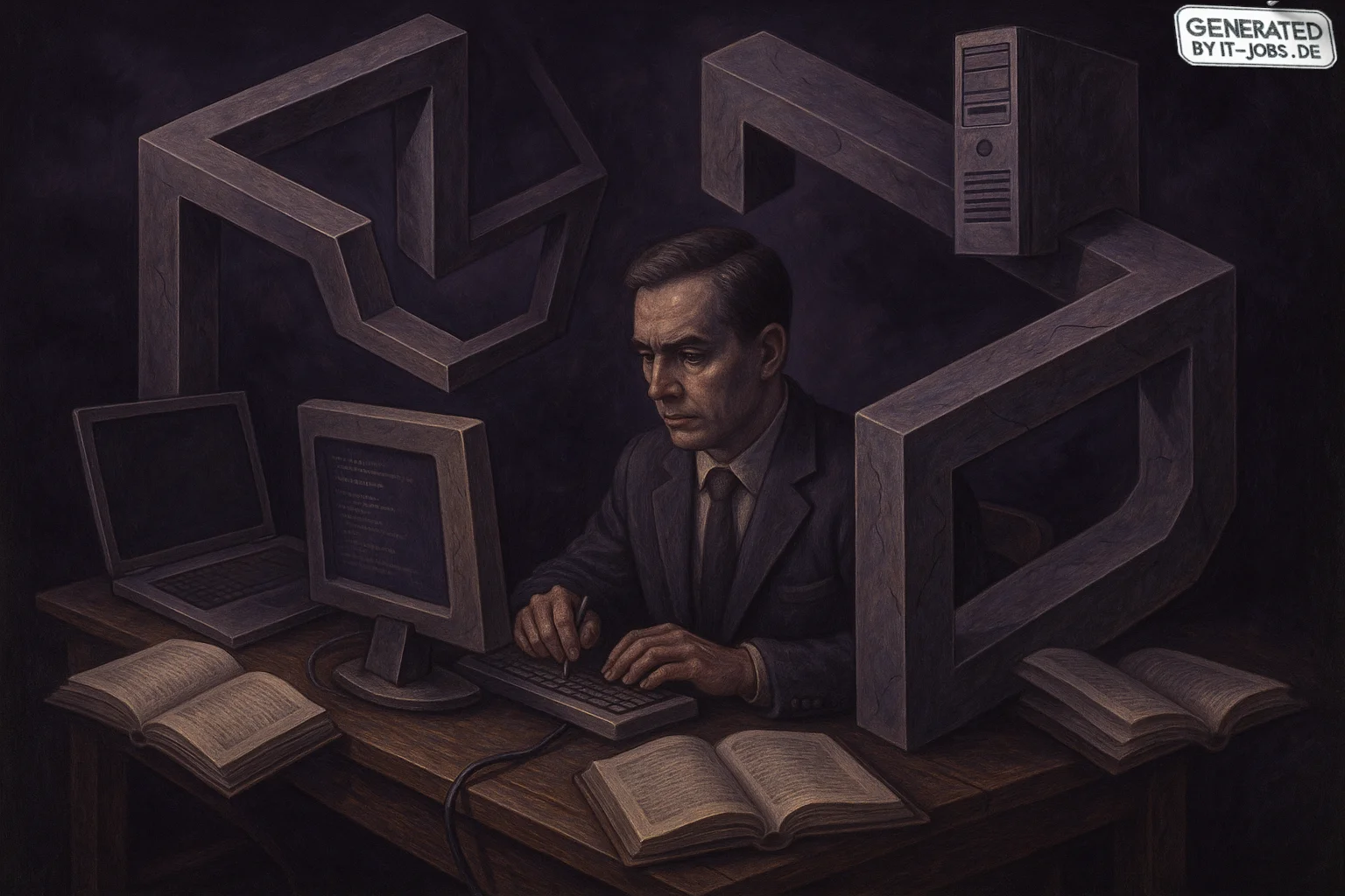 Spezialist für IT-Governance, surrealism style, impossible objects, realistic materials, dark purple main theme