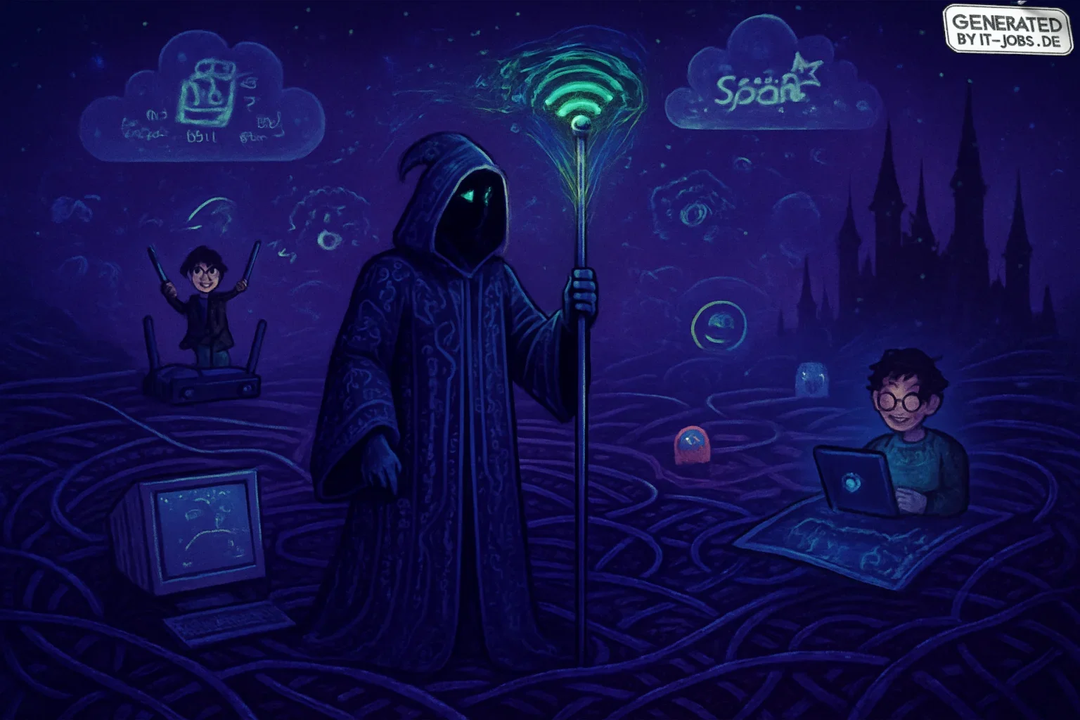 The image features a modern-day wizard, an AI specialist in a circuit-patterned robe, standing in a labyrinth of telephone and fiber optic cables. Their staff is a glowing antenna surrounded by digital code. Playful pop culture references and whimsical da