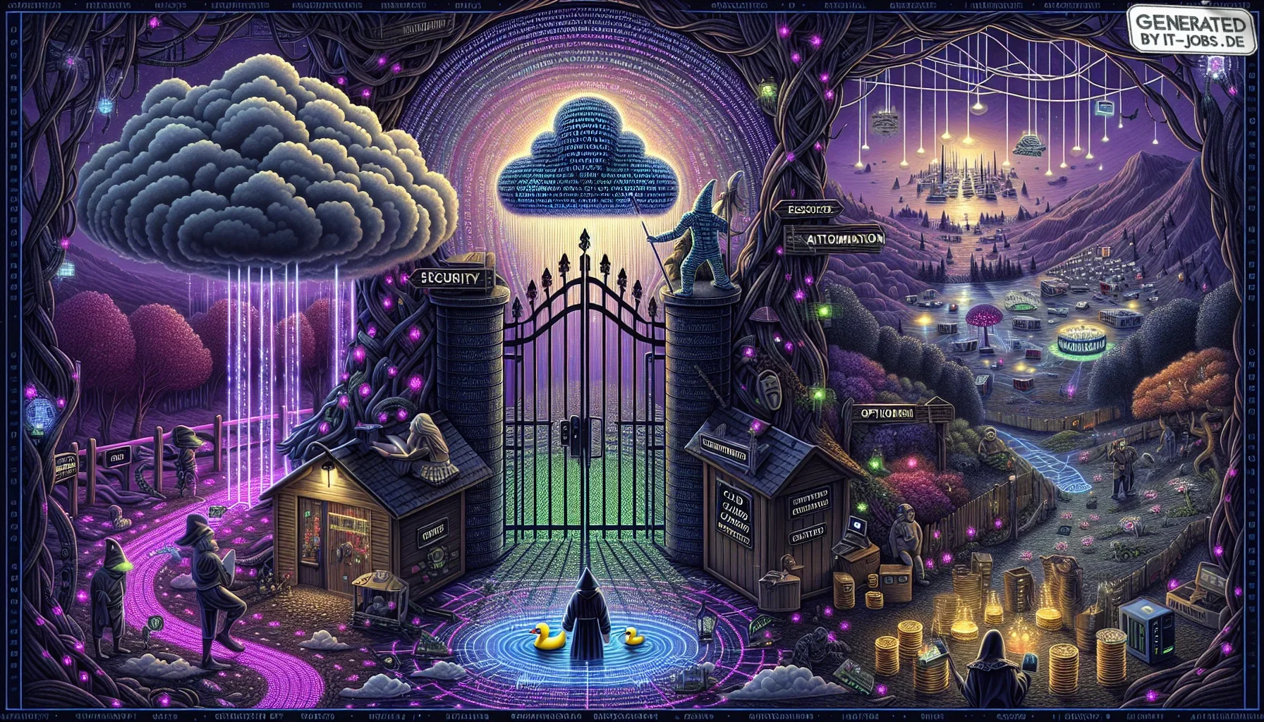 In the edgy, dark purple-themed visualization of the IT Infrastructure Management Specialist's journey, the scene is drenched in a gothic sci-fi ambiance, reminiscent of a tech-infused Tolkien landscape.
At the forefront, a fearless adventurer, cloaked