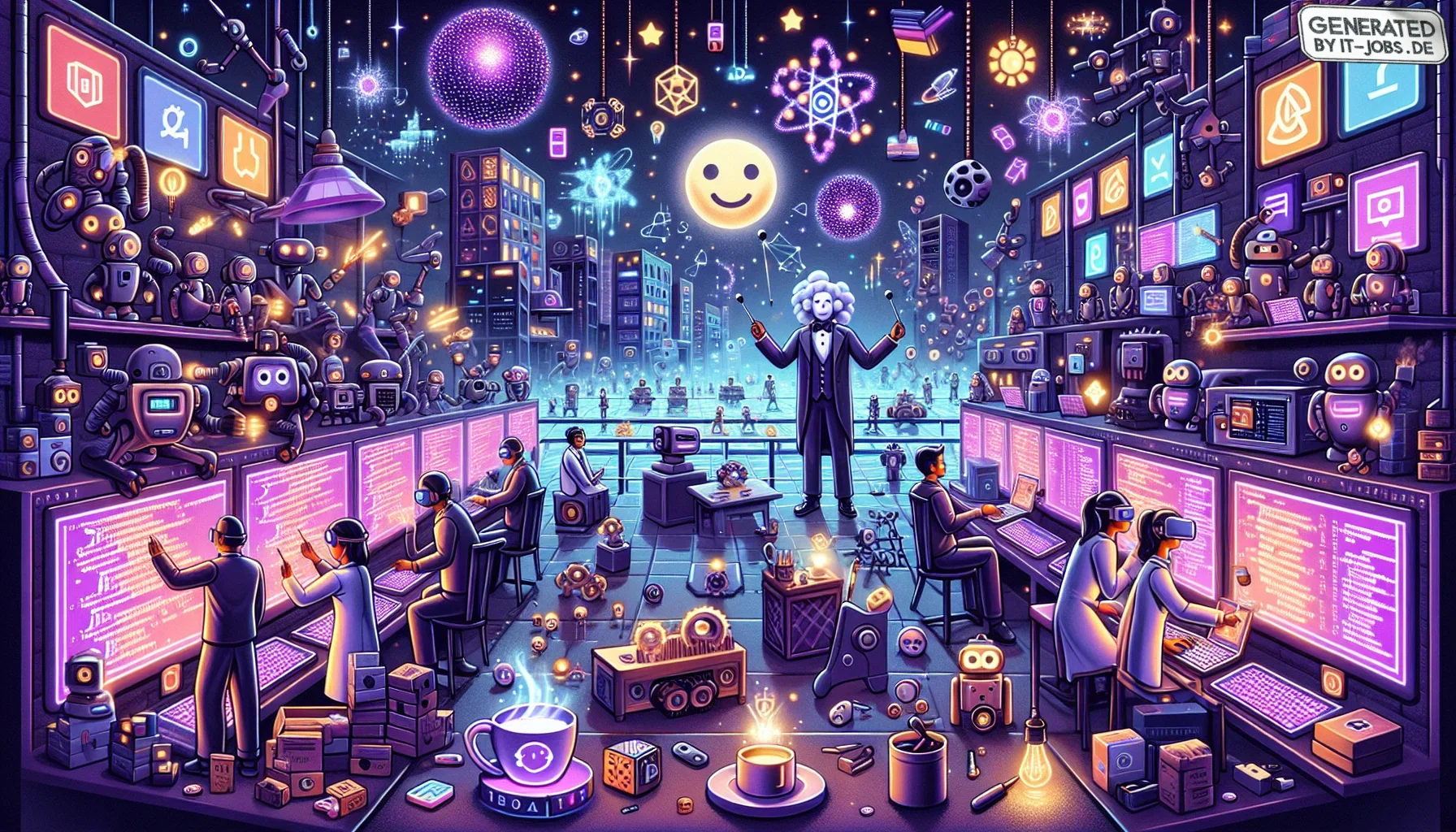 In the visualization of the described paragraph, the image stands out with an edgy, futuristic style at its core. The dominant hues are in a lavish dark purple, casting an enigmatic twilight atmosphere over the entire scene.

The setting is a surreal fact