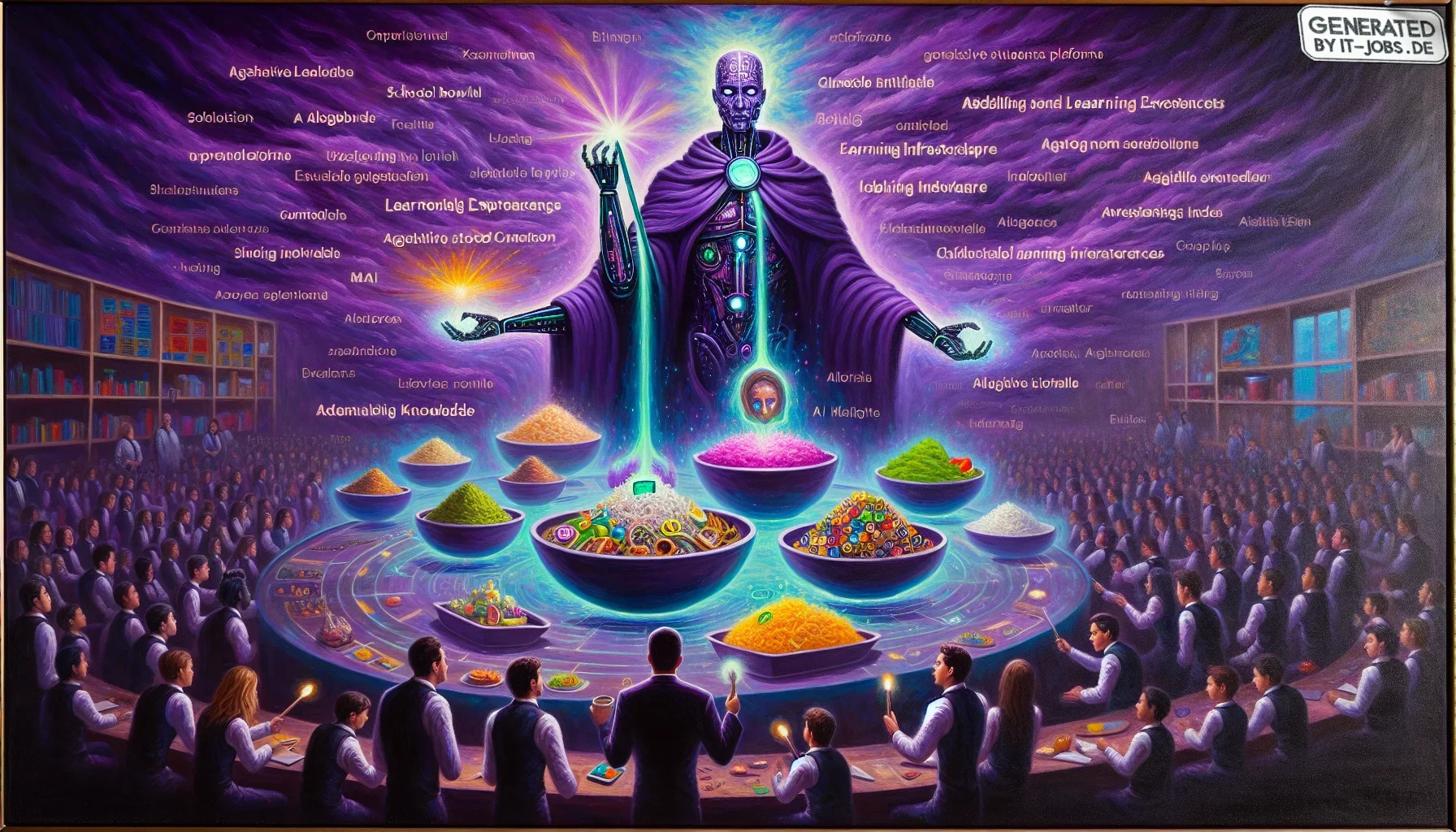Picture an edgy, dark purple canvas swirling with technicolor bursts, a visual symphony that mirrors the digital revolution in education. At the center, a stylized AI figure stands tall, cloaked like a modern-day Gandalf, replacing the staff with a sleek,