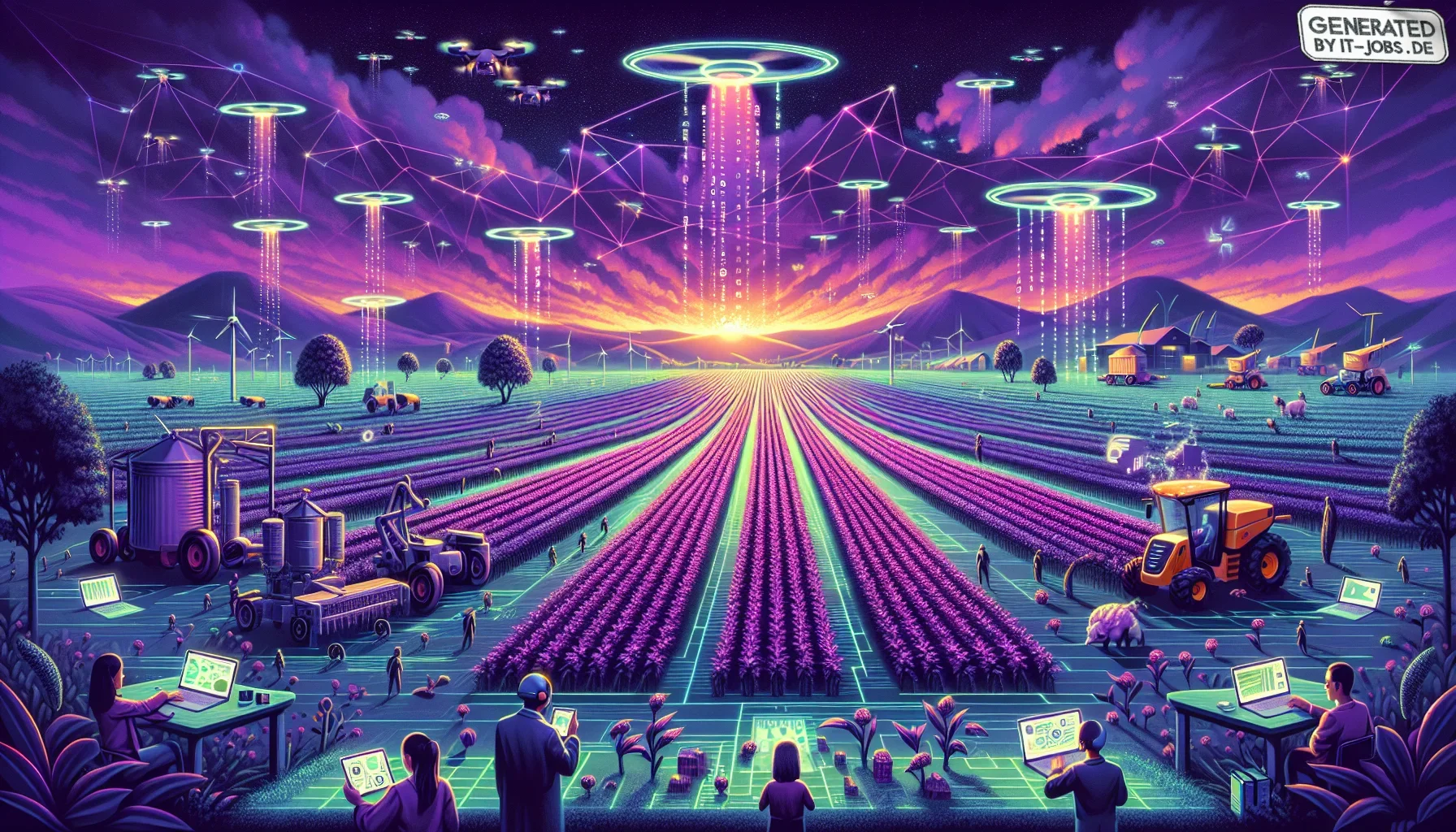In this visualization, the scene unfolds against a background drenched in dark purple hues, creating an edgy yet mystical ambiance. The landscape is a fusion of traditional agriculture and high-tech innovation, with pop culture and IT-related Easter eggs 
