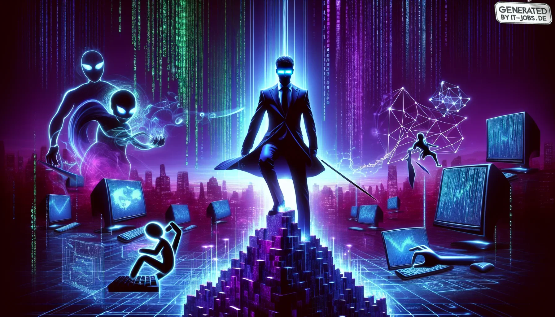 In the edgy and dark purple-themed visualization of the paragraph, the scene is set in a cybernetic underworld. The primary palette is a deep, mysterious purple, giving the visualization an aura of enigma and otherworldliness. 

At the center, a figure st