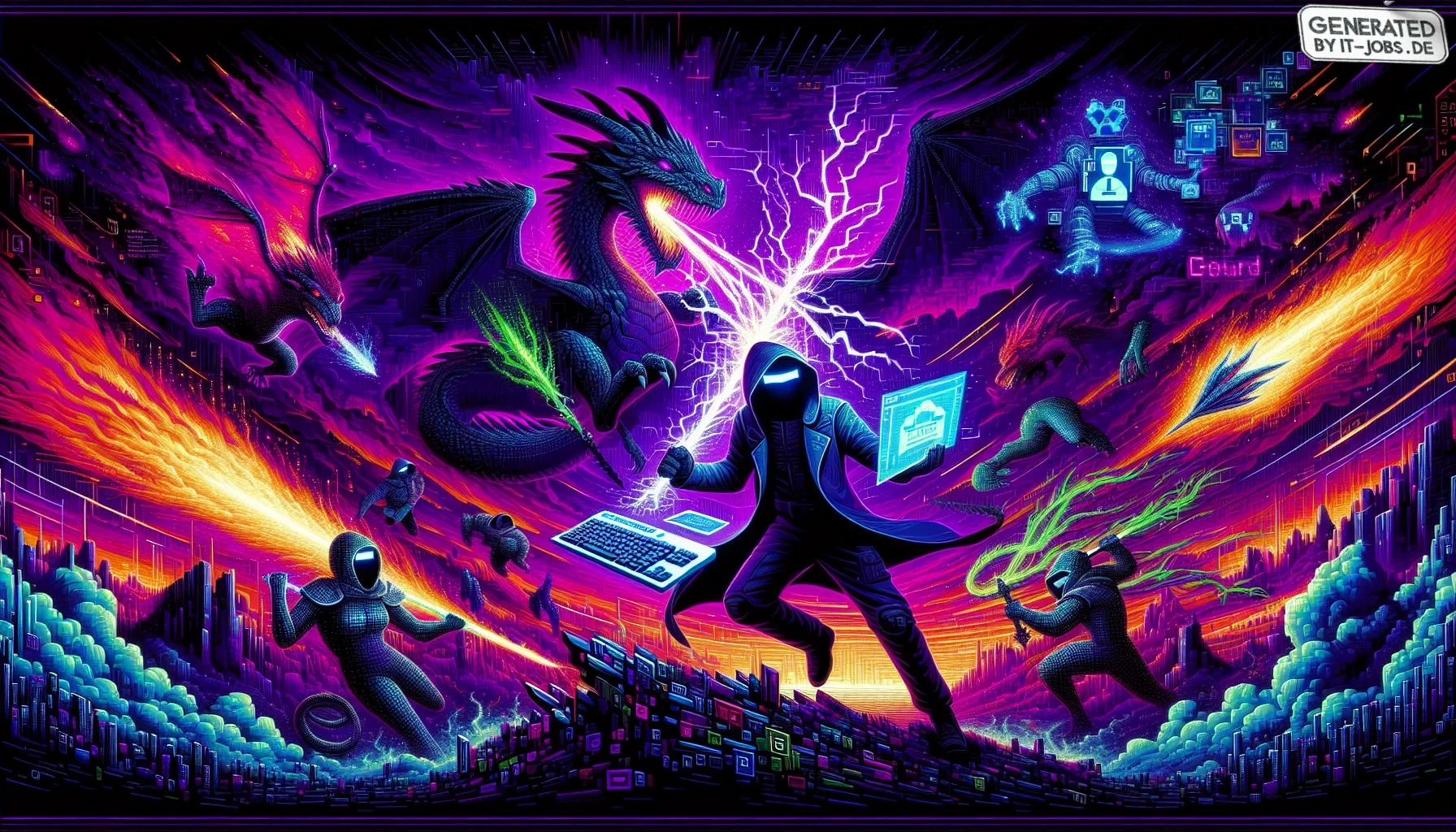 The visualization is an electric, edgy tableau dipped in dark purple hues, capturing the essence of "Glory, Grit, and Giggles" with a vibrant intensity. The scene unfolds like a comic book cover or a gritty, stylized movie poster—plunging observers deep i