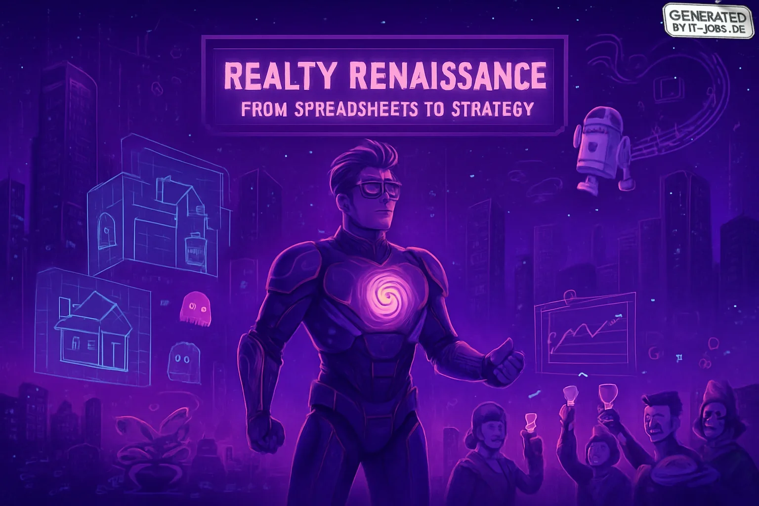 In a vibrant digital cityscape, an AI Specialist, reminiscent of Iron Man, showcases a glowing algorithm-filled chest. Holographic property blueprints float around, and a scrolling banner reads "Realty Renaissance." Amidst tech animations, avatars celebra