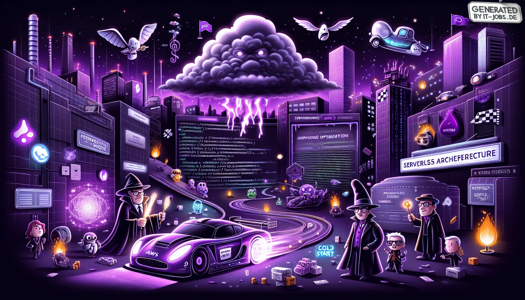 In the edgy visualization of this paragraph, the dark purple theme dominates the scene, creating a mysterious and enchanting atmosphere reminiscent of a futuristic wizard's lair. The layout is a chaotic yet organized collage of serverless concepts, each o