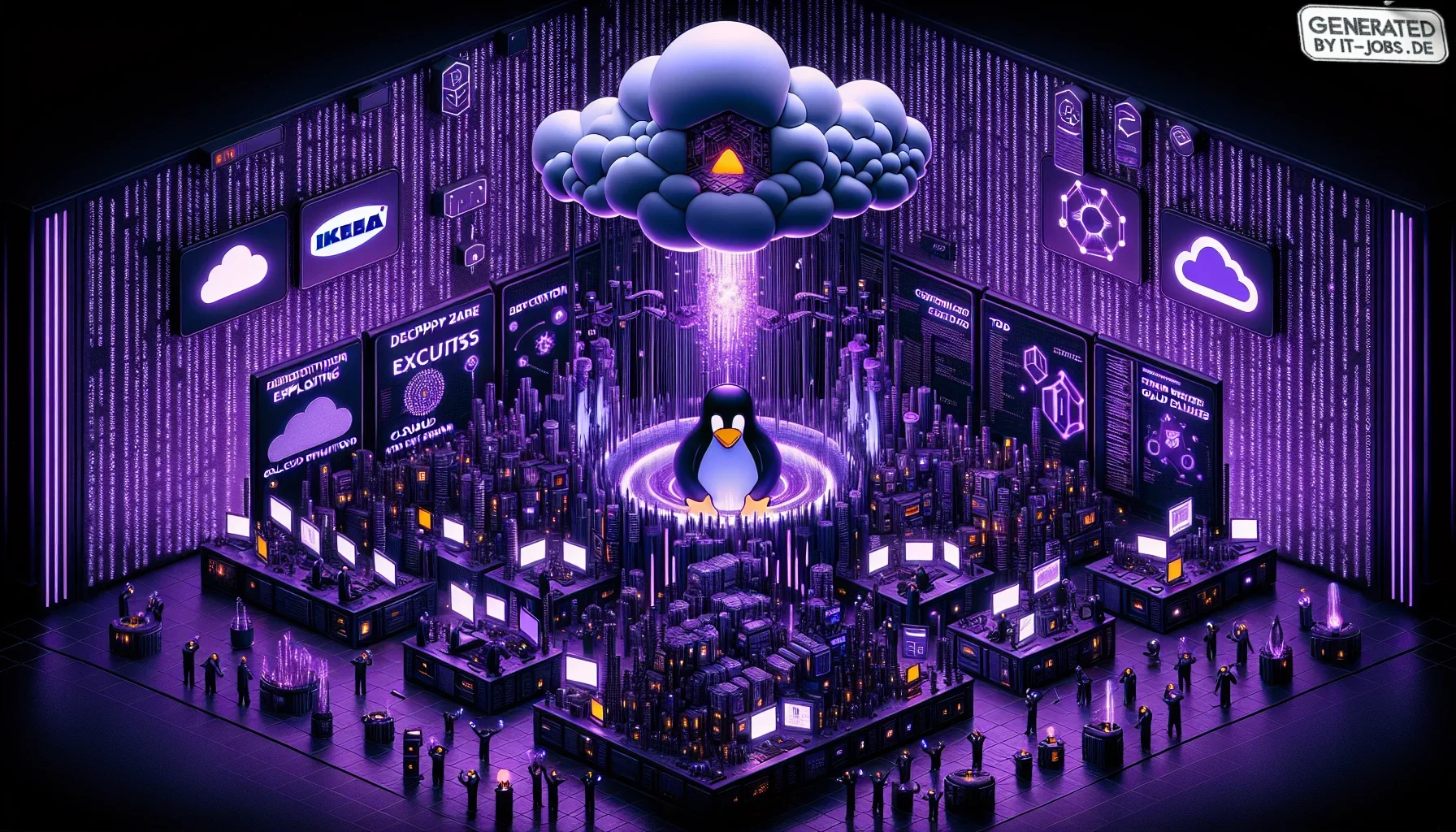 In this edgy visualization, immersed in a dark purple main theme, the digital forge is envisioned as a colossal, abstract blacksmith's workshop. Here, cloud security specialists, depicted as modern-day Dwarven blacksmiths, are deeply engrossed in their cr