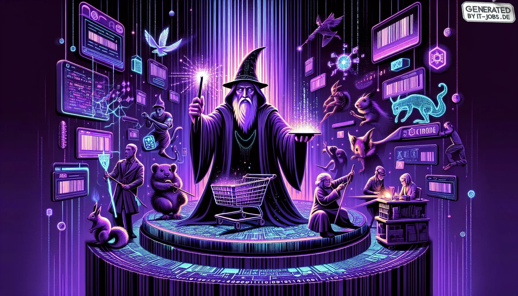 The visualization you imagine for this paragraph is an edgy digital artwork that captures the essence of an AI specialist's role in the retail world. The main theme is dark purple, casting a mystical and futuristic atmosphere across the scene. At the cent