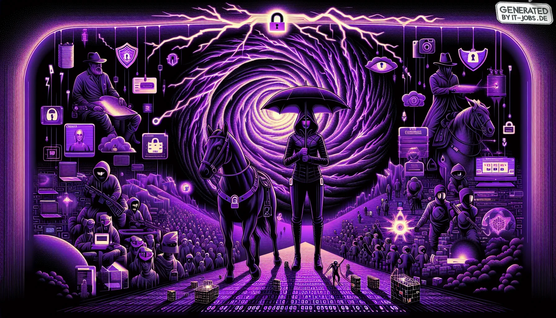In an edgy, dark purple-themed visualization, the chaotic yet fascinating world of digital identity management unfolds. The centerpiece is a vast, tempestuous digital storm—a swirl of code, pixels, and data streams representing the "roaring currents of di