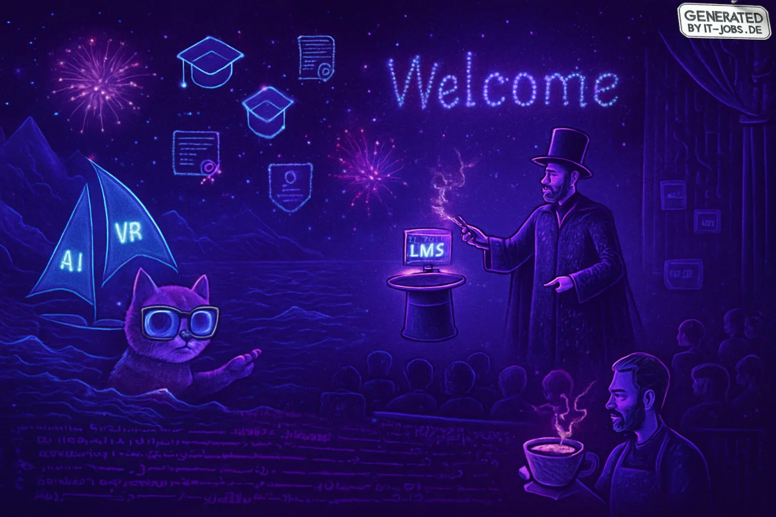 A dark purple digital canvas showcases a vibrant blend of pop culture and IT references. Centered is a magician in a code-printed cloak dazzling students from binary-code benches. Above, educational degrees twinkle like stars. To the left, a digital cat n