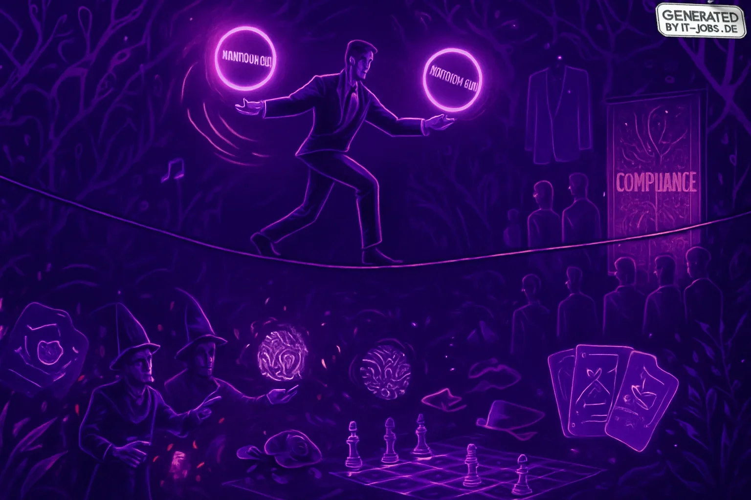 In a dark purple visualization, a high-wire acrobat symbolizes the delicate balance of AI in banking, juggling "Innovation" and "Compliance." Below, tech wizards manipulate AI symbols amid digital jungle backdrops and a compliance gala, featuring iconic s