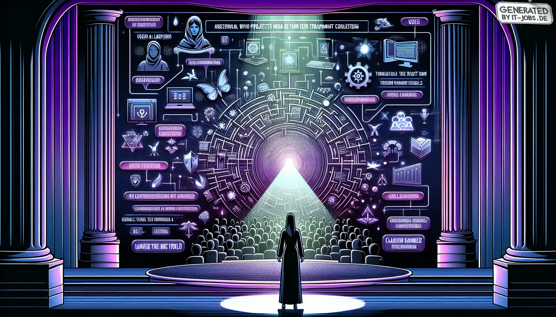 Visualize this: The scene opens to a dramatic and vividly dark purple backdrop, with edges that seem to pulse with an almost neon glow, evoking the thrilling ambiance of a grand theater. This is not just any theater, but one where the drama of User Accept