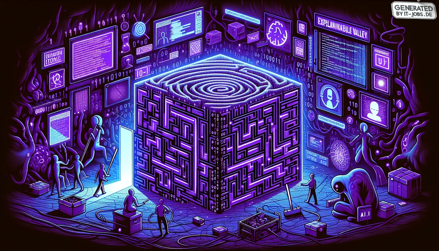 Visualize this: The canvas is enveloped in a rich, dark purple hue, symbolizing the deep, intricate ethical dilemmas presented in the realm of machine learning. The edges of the image are slightly darker, creating a vignette effect that draws the viewer's