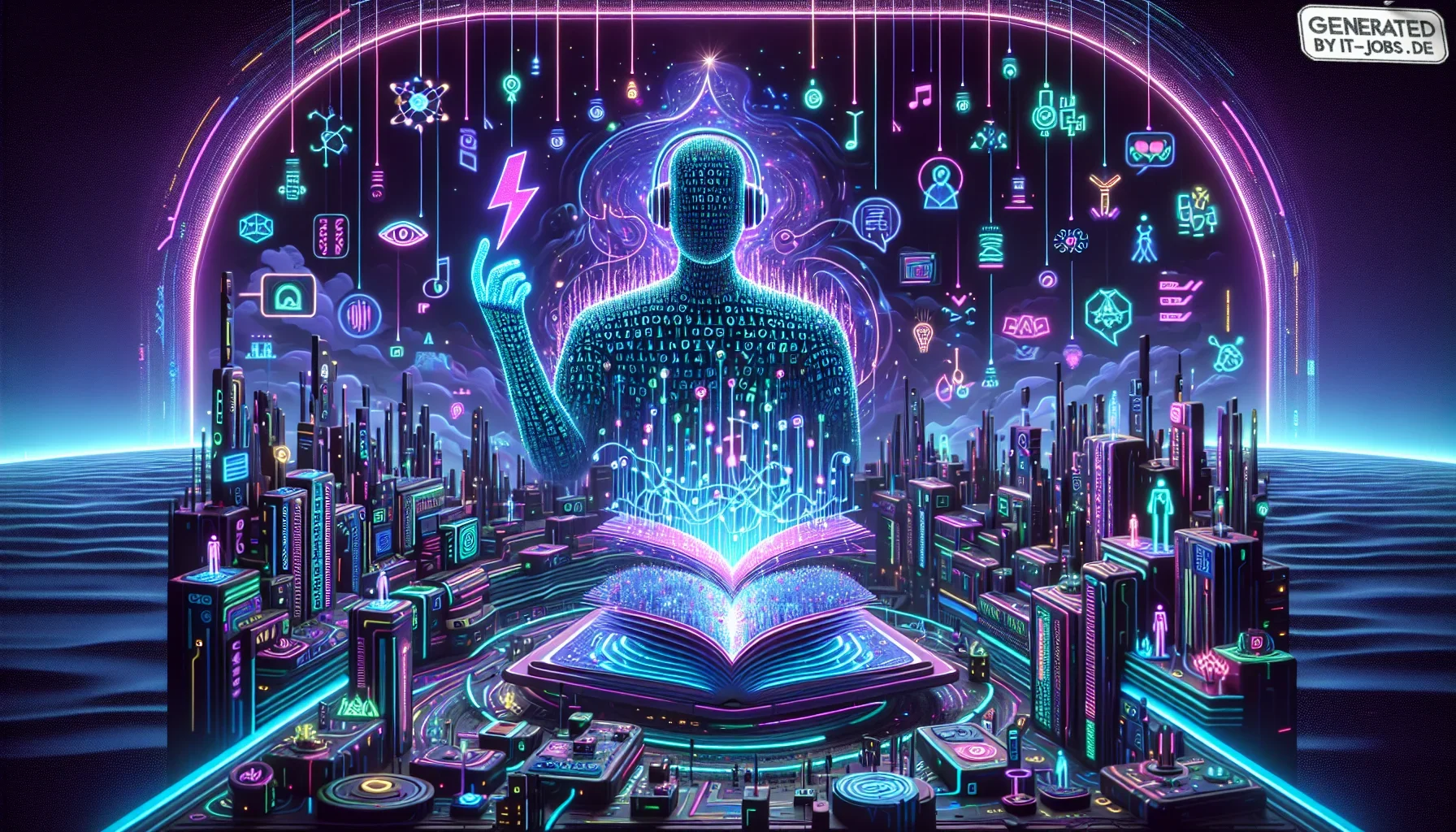 In this edgy digital visualization, the main theme is a dark, enigmatic shade of purple that serves as the perfect backdrop for the futuristic and whimsical elements within the scene. The canvas is a bustling intersection of linguistic wonders and technol
