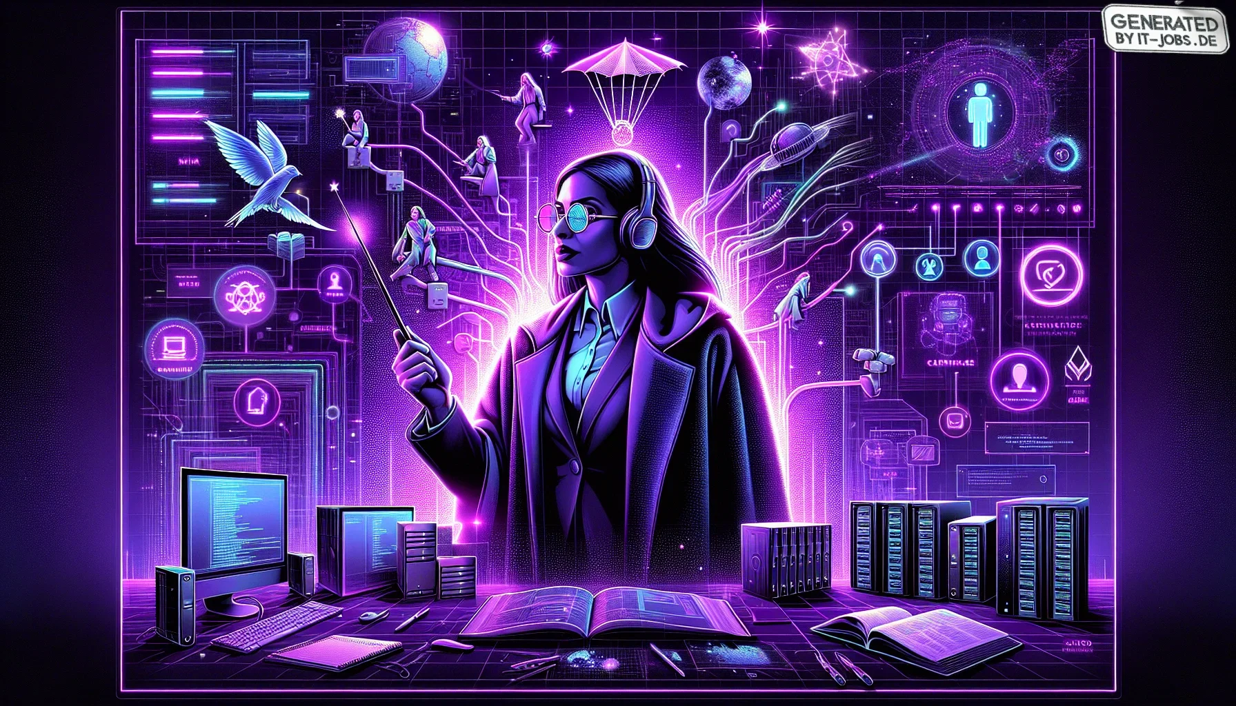 The visualization brims with an edgy, dark purple atmosphere, evoking the mystique and intensity of a neon-lit cyberpunk world. Center stage is a charismatic figure, an IT Infrastructure Management Specialist, standing on a virtual stage. The specialist w