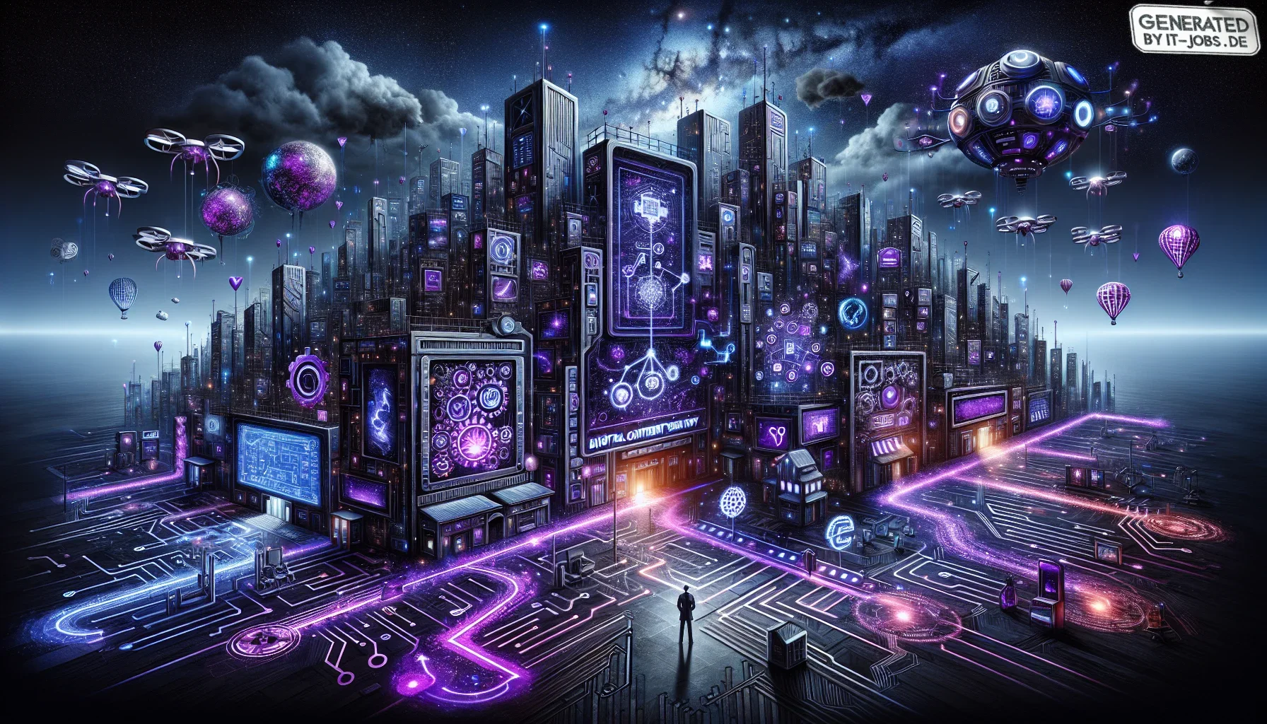 In this edgy, dark purple-themed visualization, picture a futuristic cityscape where towering skyscrapers of computer chips and circuit boards stretch upwards under a stormy, star-speckled sky. A neon-lit billboard flashes the title "Developing Effective 