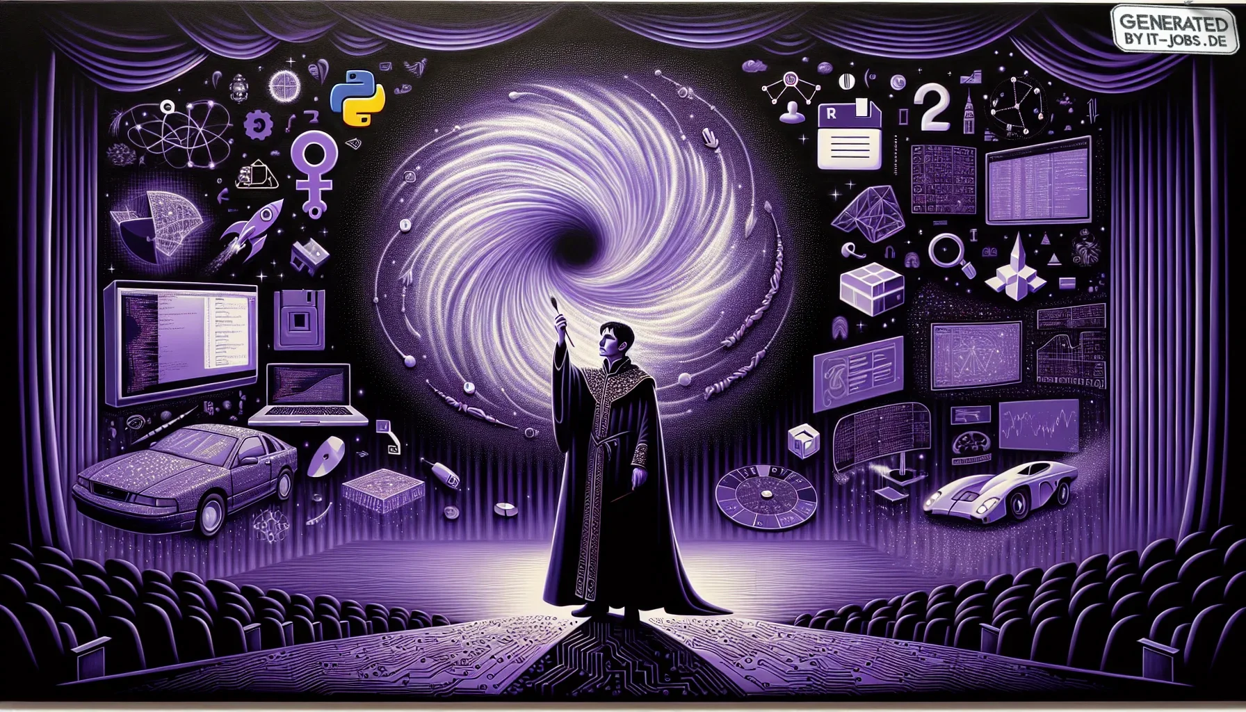 In this edgy and vibrant visualization, the dark purple theme dominates the canvas, resonating with an aura of mysticism and intrigue, perfectly echoing the enchanting realm of data visualization specialists.
At the center of the image is a majestic, con
