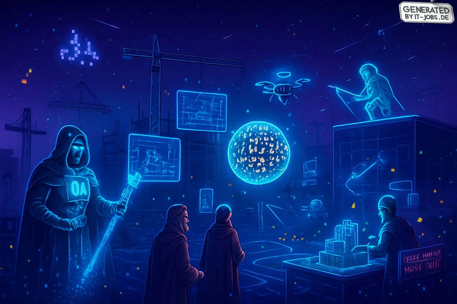 A futuristic construction site under a dark purple sky is animated with digital constellations and shooting stars. AI, depicted as a wizard in glowing armor, wields a scepter of binary code, illuminating the site. Project managers admire a floating orb of