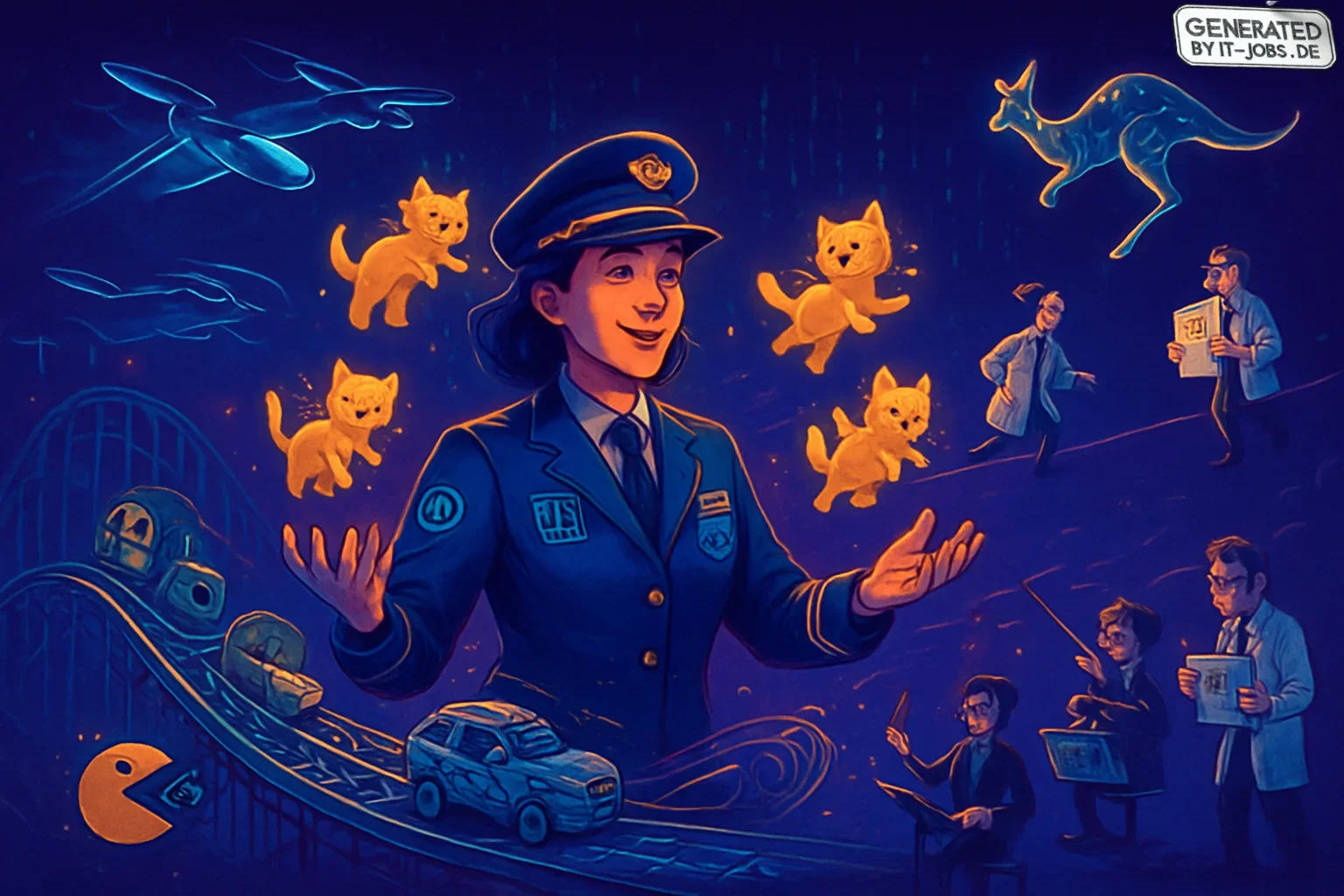 The image depicts a vibrant, chaotic tableau of IT governance, featuring a pilot-clad IT Specialist juggling virtual kittens against a deep purple backdrop. Sleek drones perform acrobatics, while AI robots and blockchain chains race by. Figures balance co